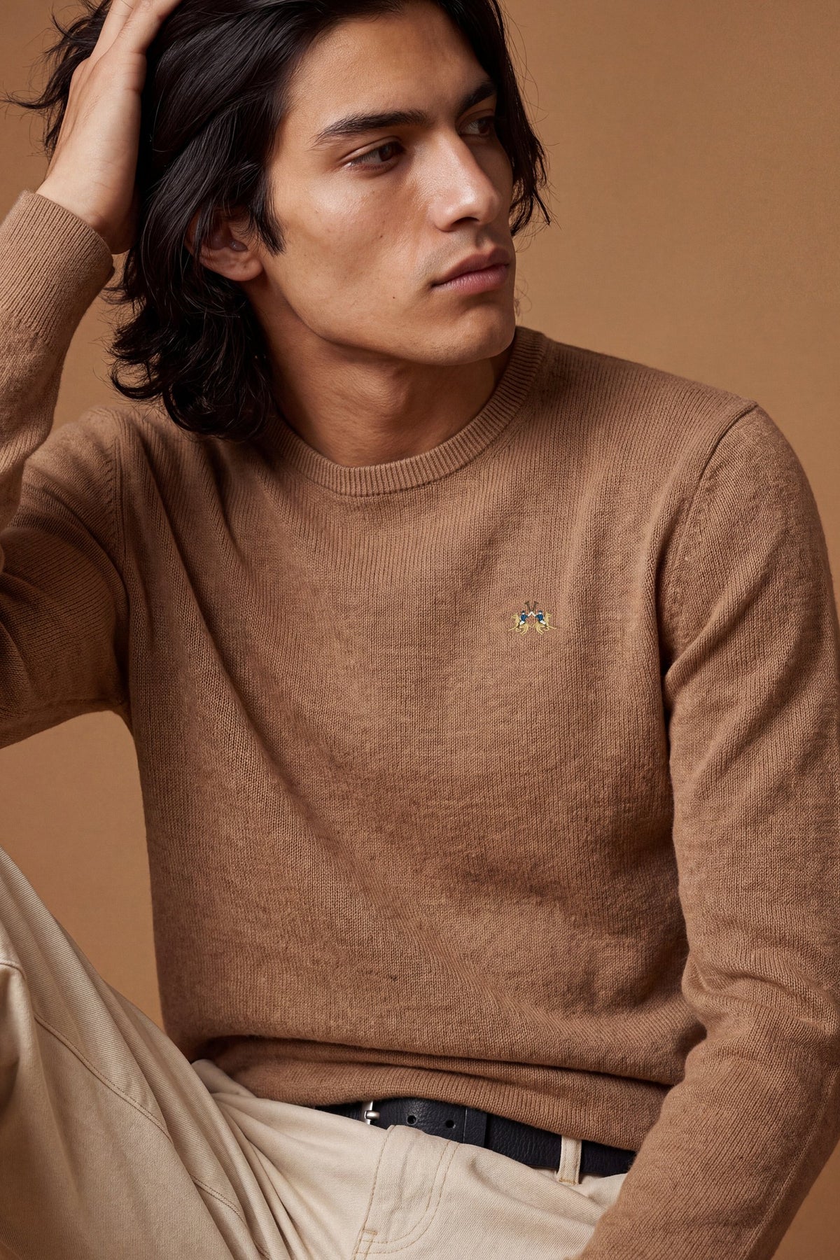 Herren Rundhals-Pullover aus Lammwolle mit dreifarbigem Logo - Ethan