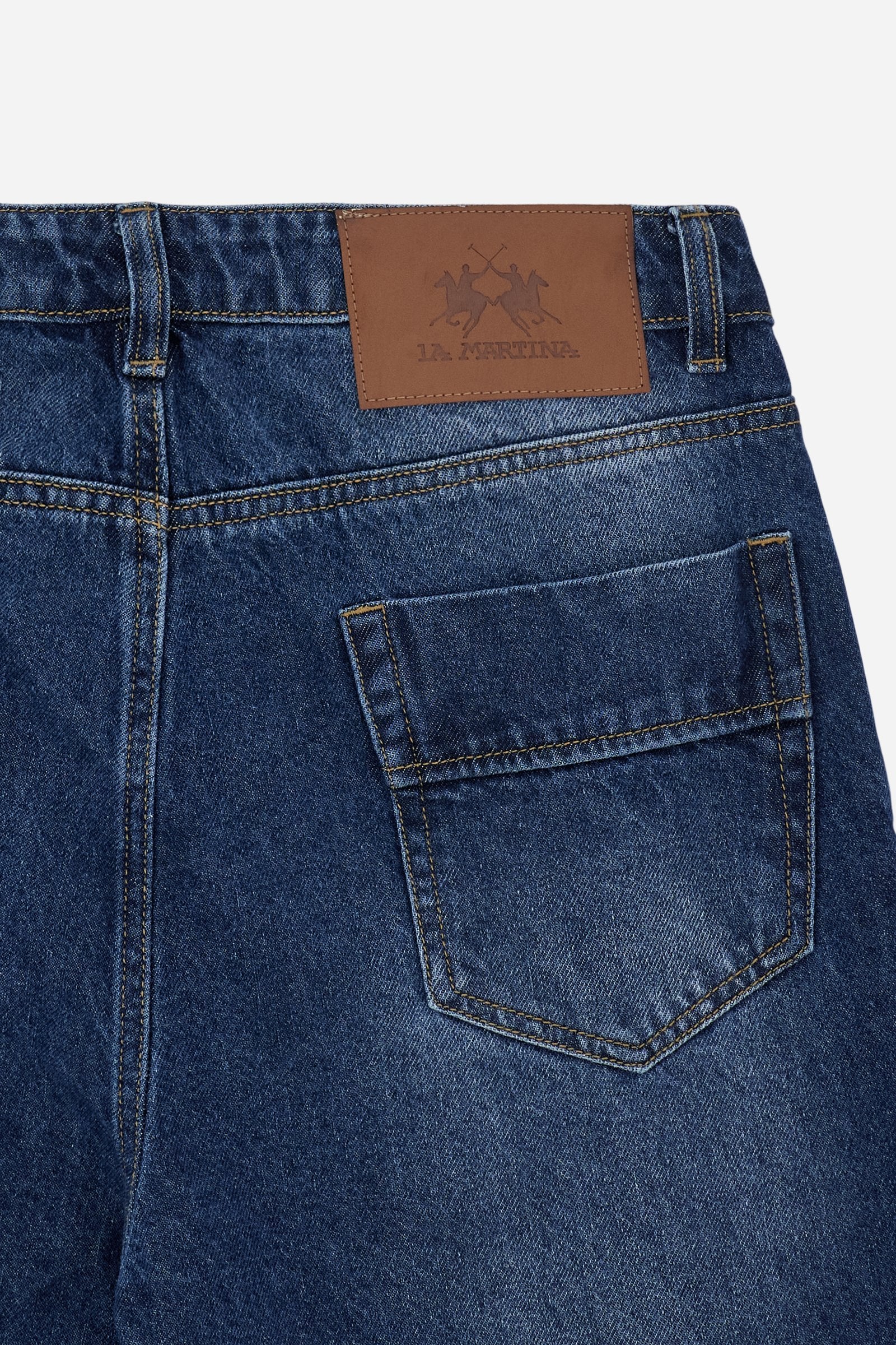 Five-pocket jeans in stretch cotton denim with branded rivets and button. Regular waist and slim leg. Embroidered logo on coin pocket and branded label on the back. - Dark Indigo Denim                                                                                                                                                                                                                                                                                                                                        
