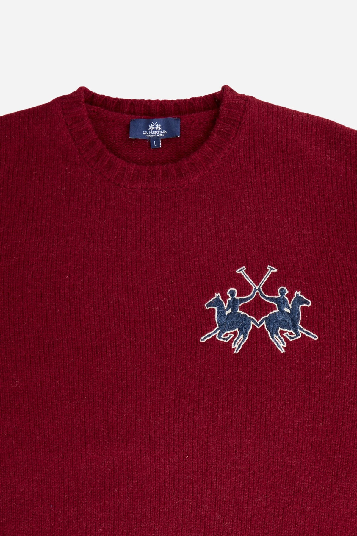 Men's long-sleeve Merino wool sweater with a soft, warm feel, regular fit, ribbed crew neck, cuffs, hem, and a 3D embroidered logo on the chest. - Port Royale