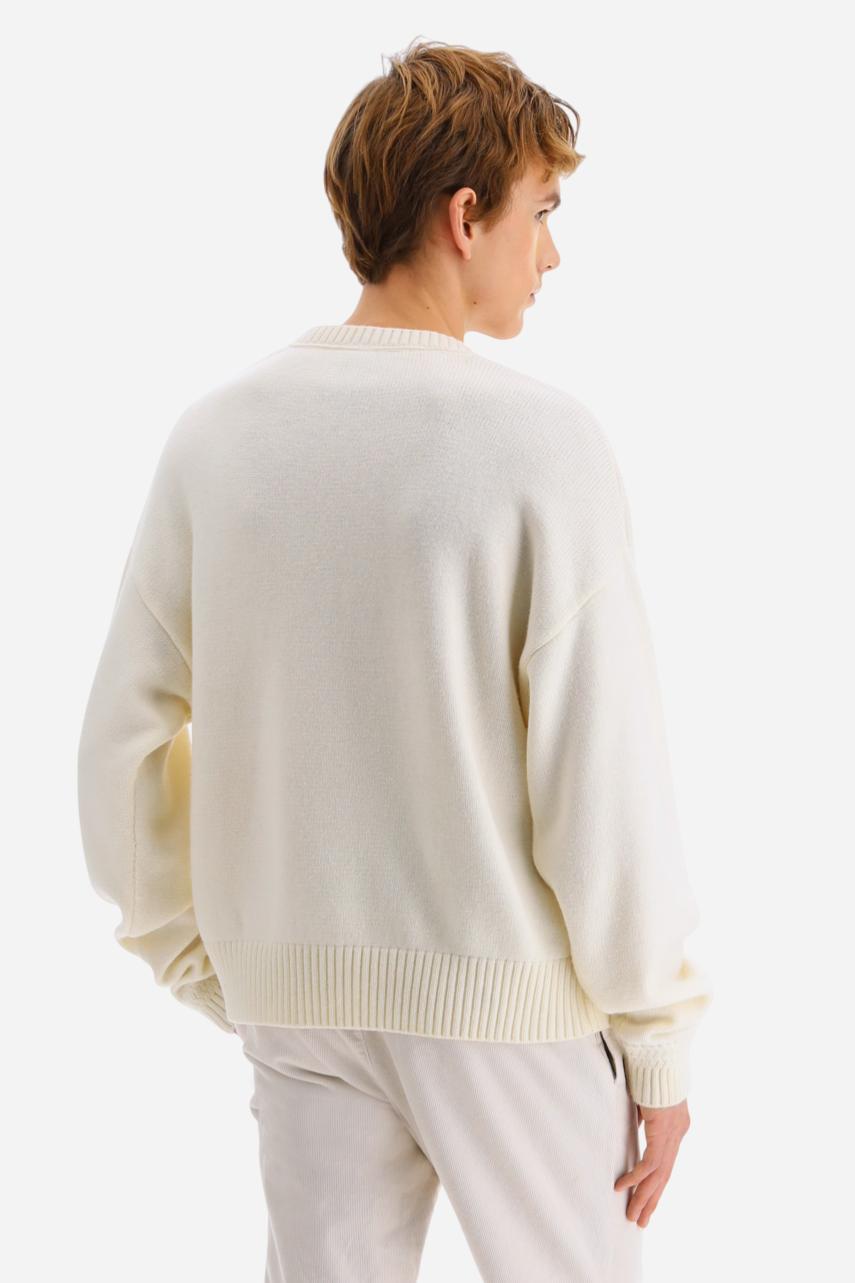 Men’s crew-neck sweater with long sleeves in high-quality wool blend. Ribbed collar, cuffs and hem with zigzag detail at sleeve attachment. Argyle motif on the front and contrast embroidered logo on the cuff. Regular fit with dropped shoulders for a contemporary look. The model wears size L. - Off White