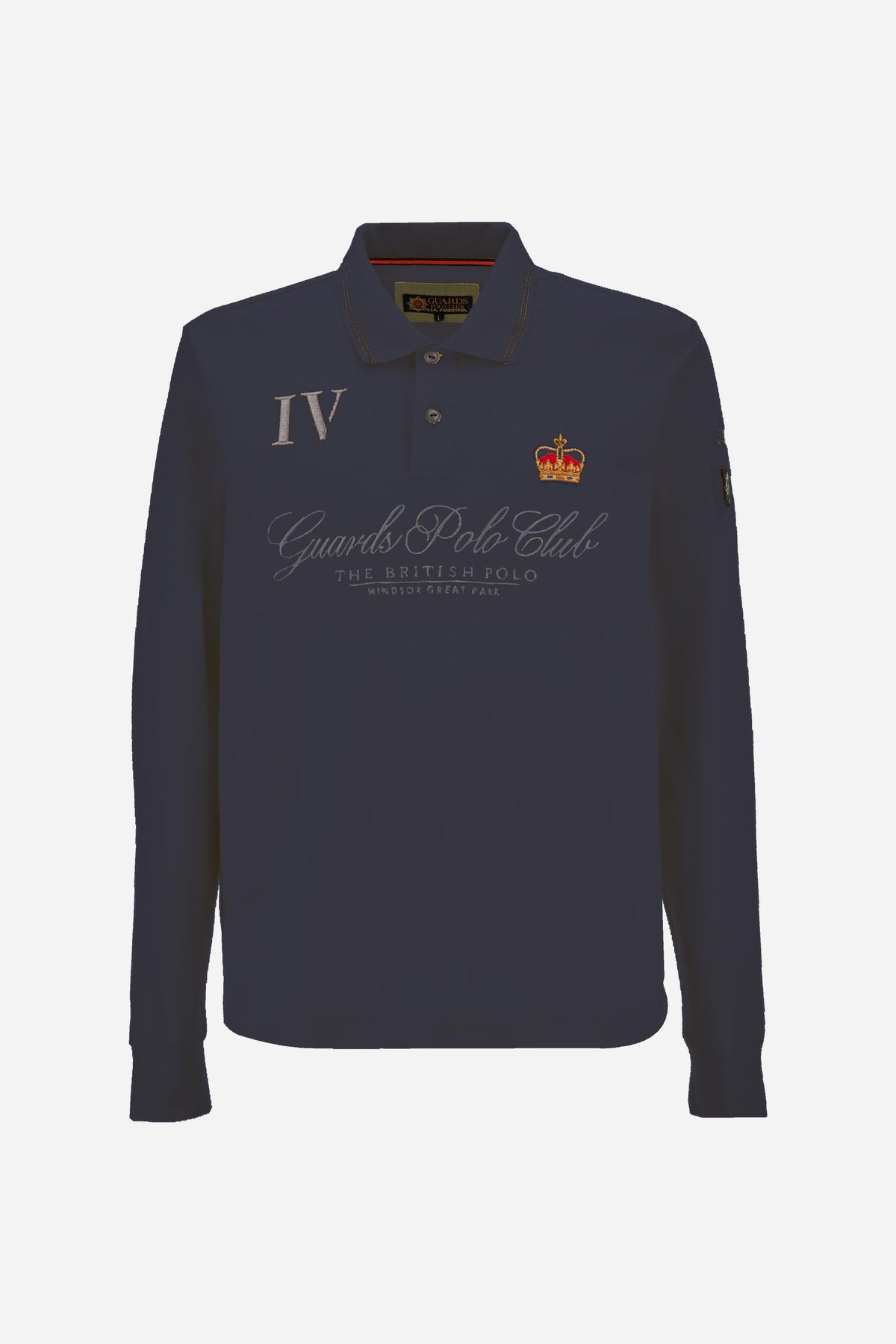Men's long-sleeve cotton piqué polo with a regular fit, ribbed collar and cuffs, contrasting details, and multicolored embroidered logos for a refined look. - Navy Blazer
