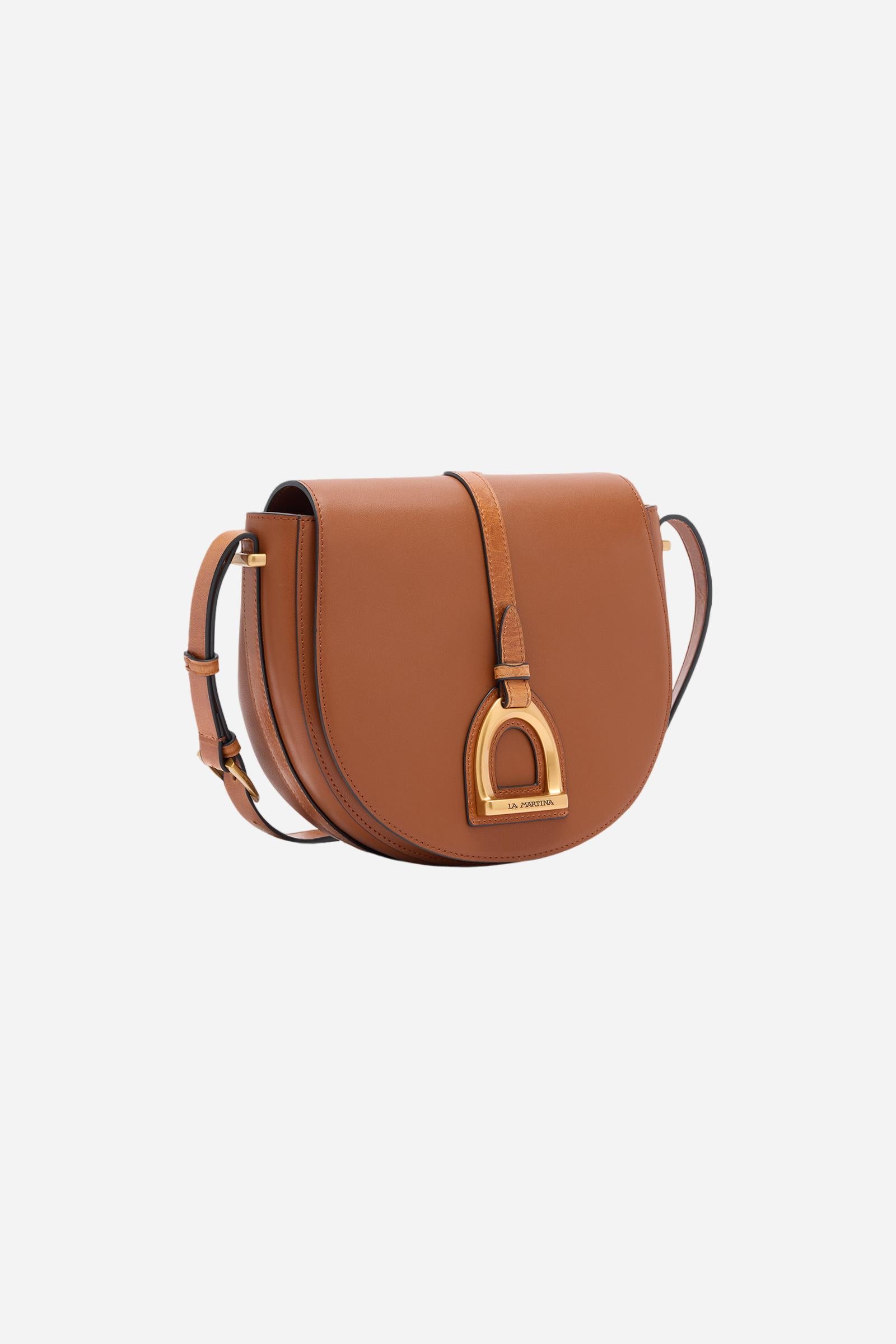 Small crossbody bag in calfskin leather and leather. Curved design with large golden buckle and contrasting details. - COGNAC/LEATHER