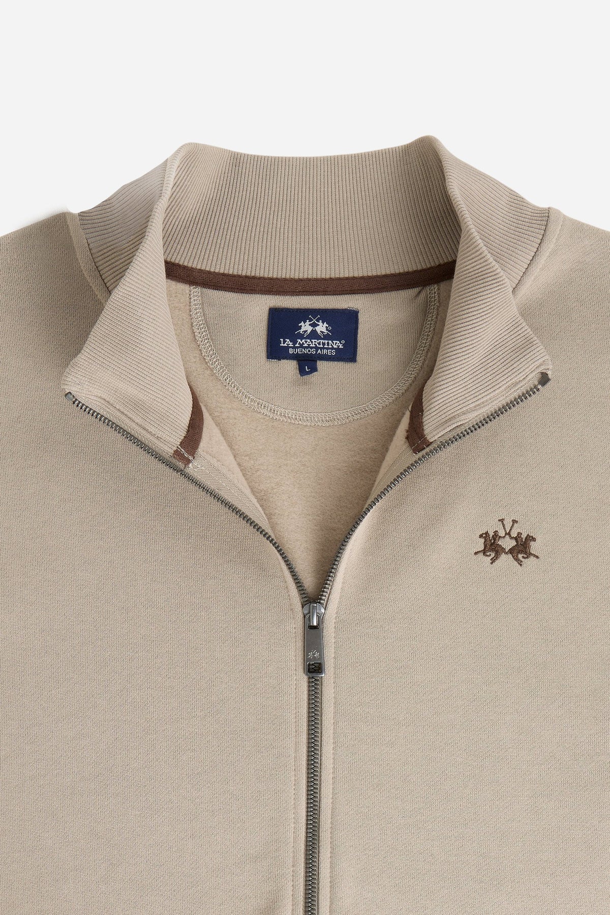 Men's 100% cotton fleece sweatshirt with a high collar, customized zipper, ribbed cuffs and hem, regular fit, and a subtle embroidered logo for comfort and style. - Vintage Khaki