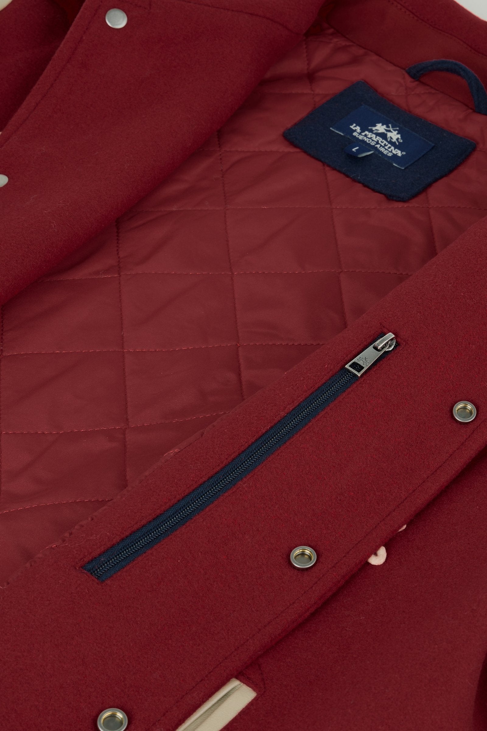 Men's long-sleeve varsity jacket with wool felt body, contrasting faux leather sleeves, ribbed trims, padded lining, chenille patches, and embroidered logo for classic style. - Red Dahlia/Sheer Bli