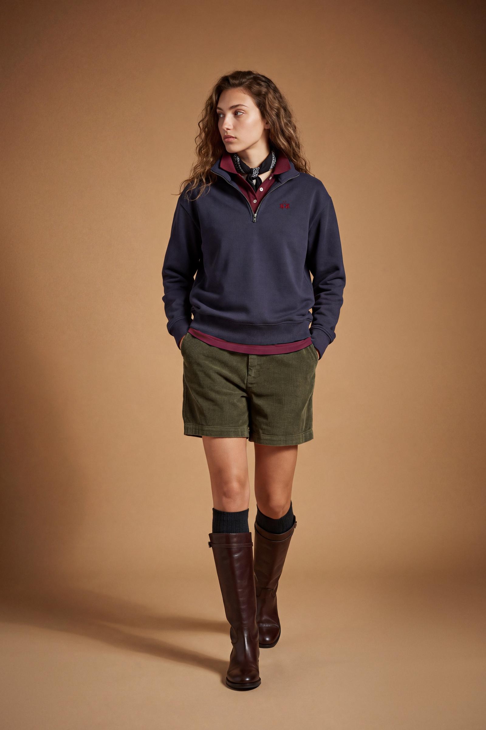 Soft, brushed cotton fleece sweatshirt with a high collar and half zipper, ribbed cuffs and hem, regular fit, and subtle embroidered logo for everyday comfort. - Navy Blazer