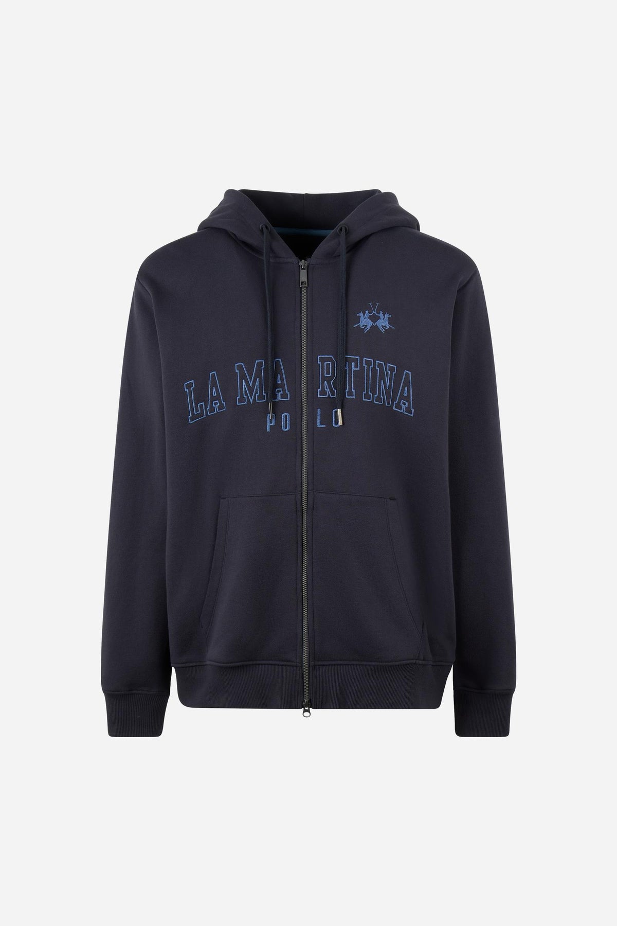 Men’s long-sleeve sweatshirt in soft 100% brushed cotton, featuring a personalized zipper, adjustable hood, kangaroo pockets, ribbed cuffs, and bold embroidery. - Navy Blazer