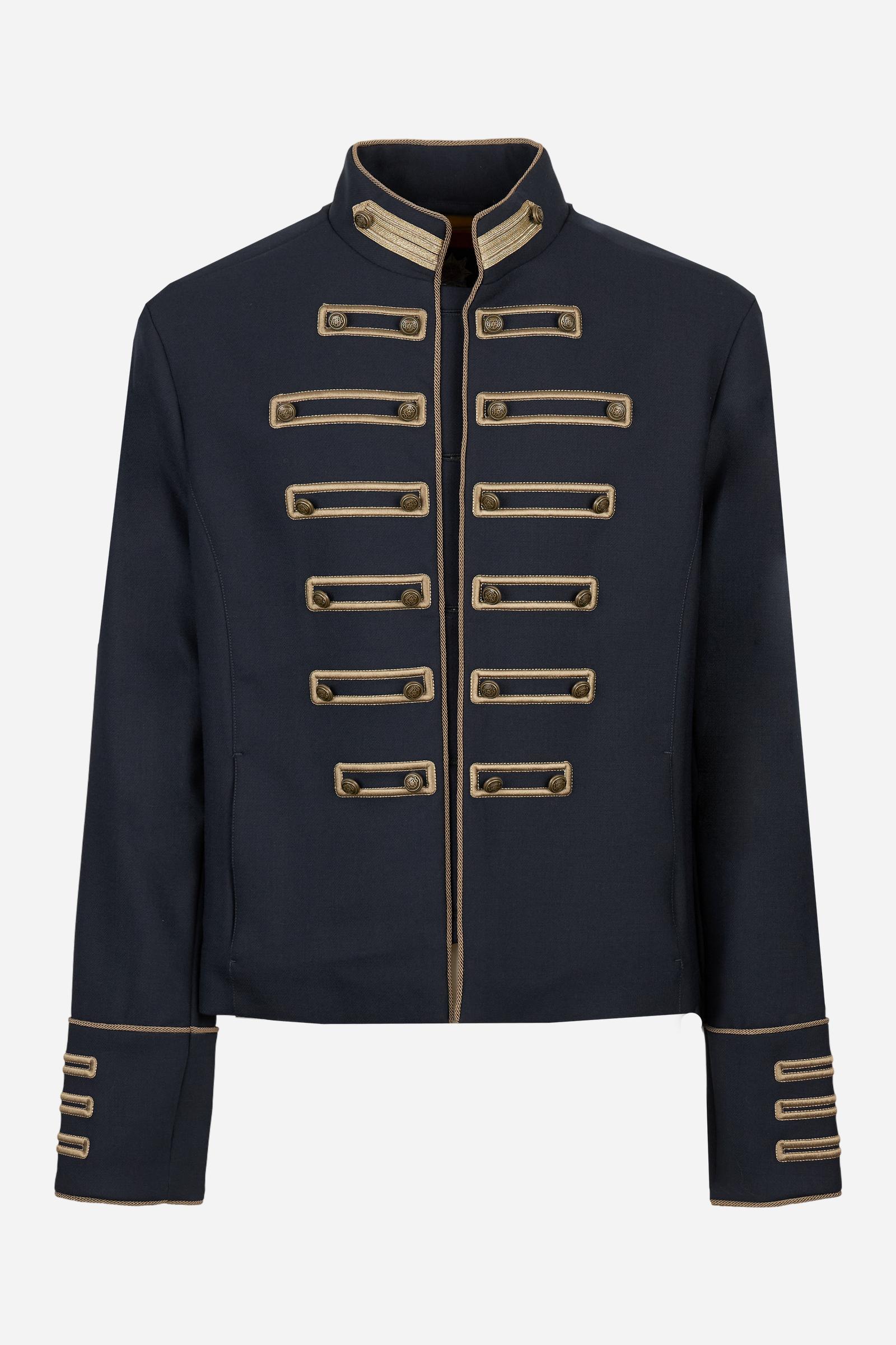 Men’s jacket crafted from solid-color wool-blend twill with a straight, regular silhouette. Stand collar adorned with gold braid details, echoed by gold piping along the front opening. Concealed placket with custom buttons. Embroidered faux epaulettes and heraldic metal buttons enhance the military inspiration. A large contrast embroidered logo stands out on the back. Vertical front pockets complete the design. The model wears size 50. - Navy                                                                  