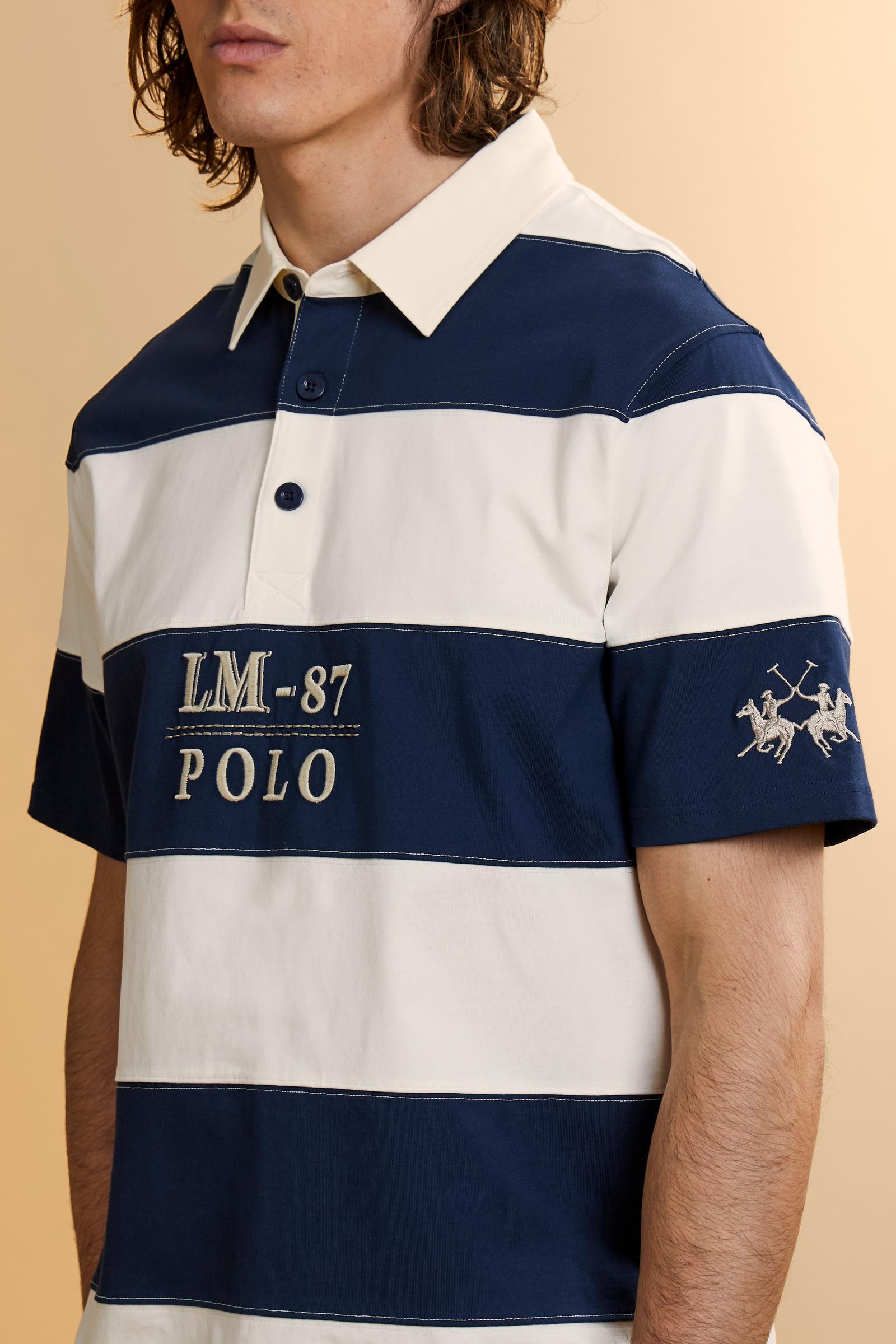 Men’s rugby polo in heavy cotton jersey with striped design and contemporary fit. Heritage embroidery on chest and sleeves. - Off White/Navy                                                                                                                                                                                                                                                                                                                                                                                    