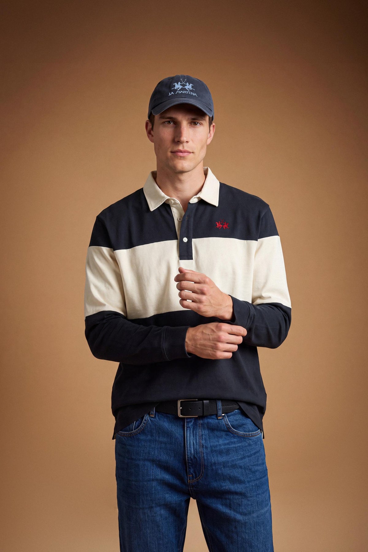 Men's long-sleeve polo in heavy 100% cotton jersey with two-tone collegiate color block, rugby construction, contrasting collar, and embroidered logo for comfor - Navy Blazer/Pristine