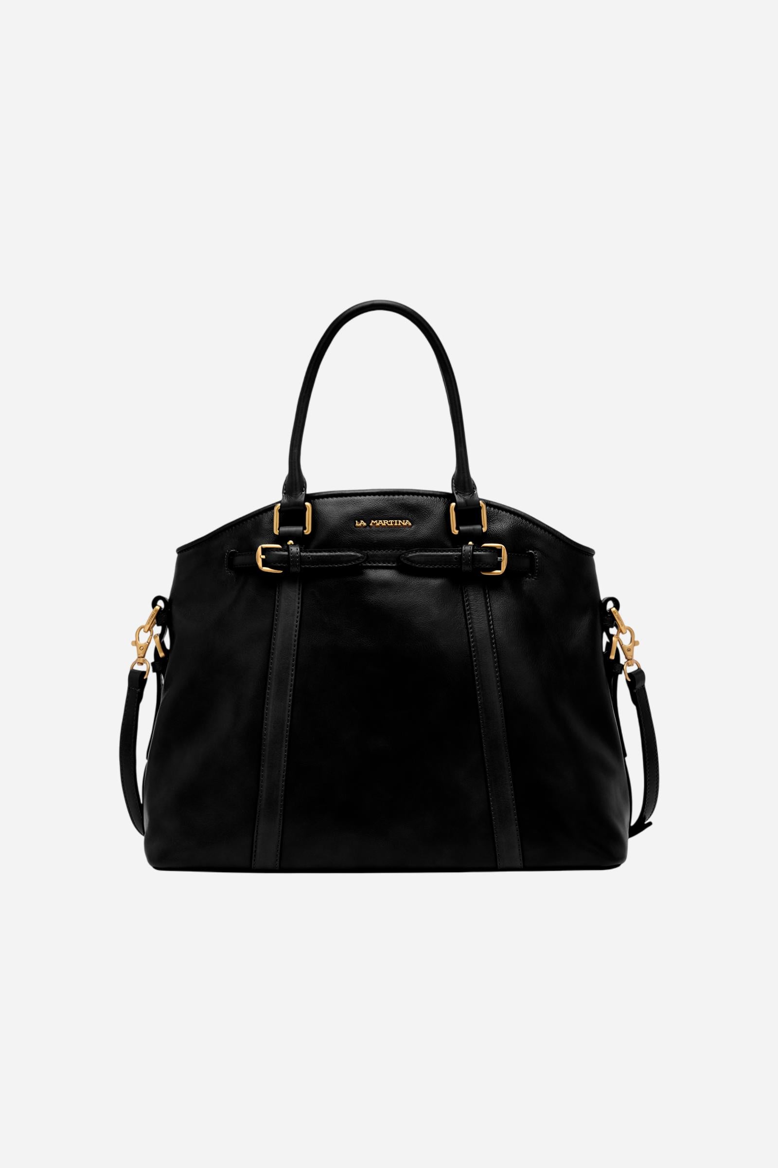 Vintage-finish calfskin tote bag with semi-rigid structure, handles, strap, and gold-tone metal details for timeless elegance. - Black
