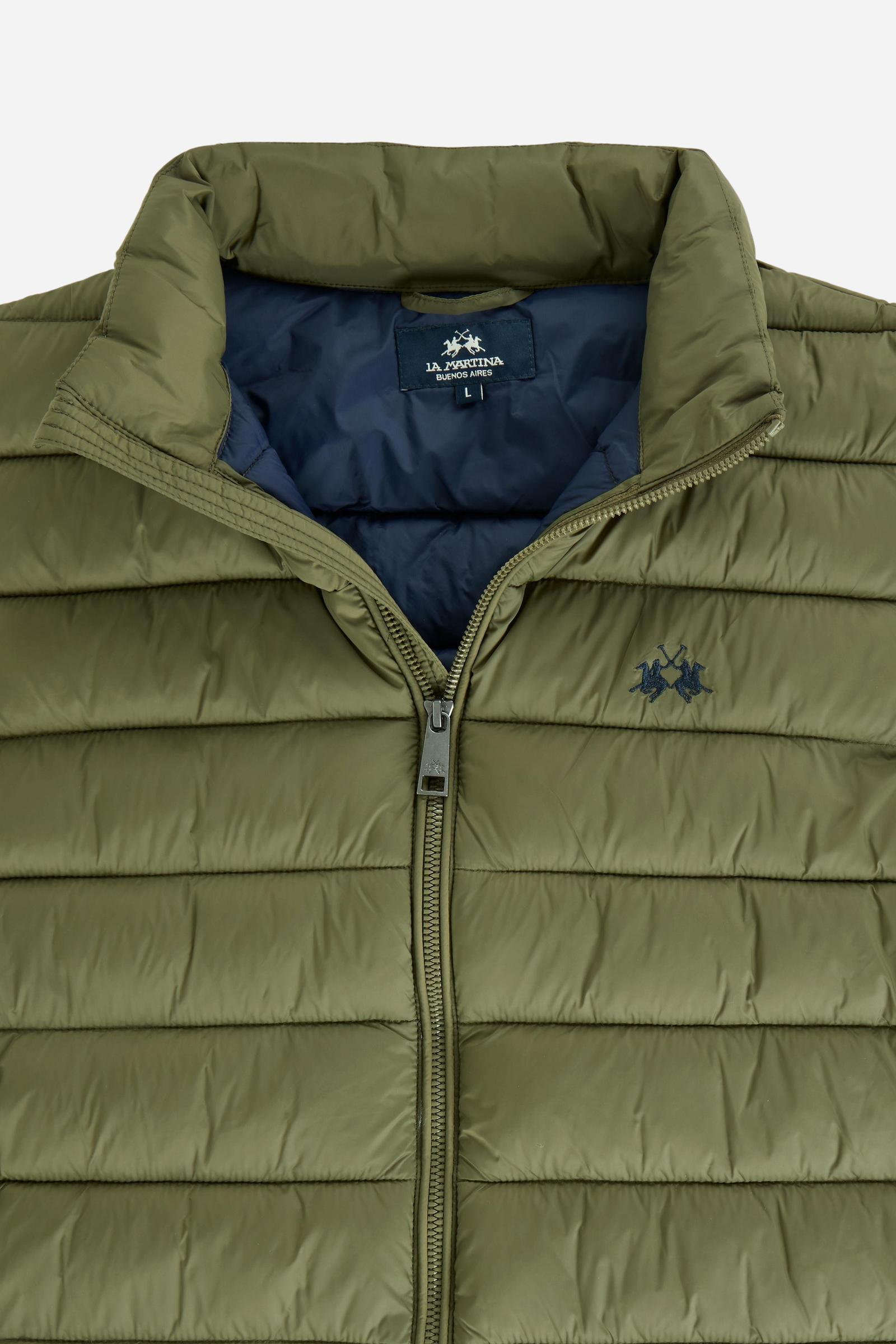 Men's sleeveless down jacket in lightweight nylon with wadding padding for warmth, zippered pockets, high collar, and contrasting interior and logo details. - Burnt Olive