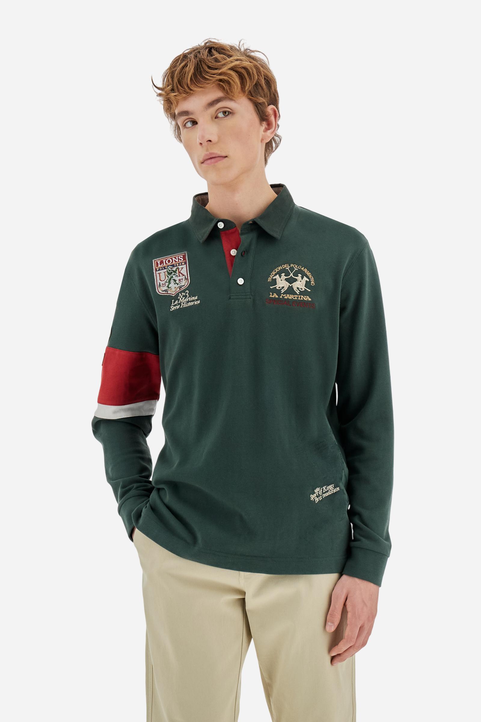 Long-sleeve polo shirt in 100% cotton jersey, soft and warm to the touch. Gabardine collar in tone with a contrast placket for a modern look. The English flag is printed under the raised right collar tip. Contrasting fabric bands and a patch with number 2 decorate the right sleeve, evoking polo player uniforms. Multicolor graphics dedicated to the English team and past special events enrich the design, with a large team logo embroidered in two-tone on the chest. Regular fit. Model wears size L. - Sycamore