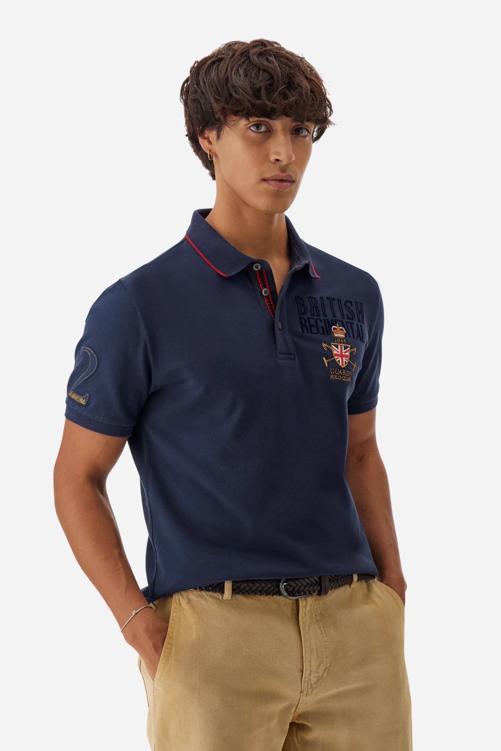 Men’s short-sleeve polo in stretch cotton piqué, regular fit with ribbed details and British Polo graphics, part of the Guards capsule. - Navy