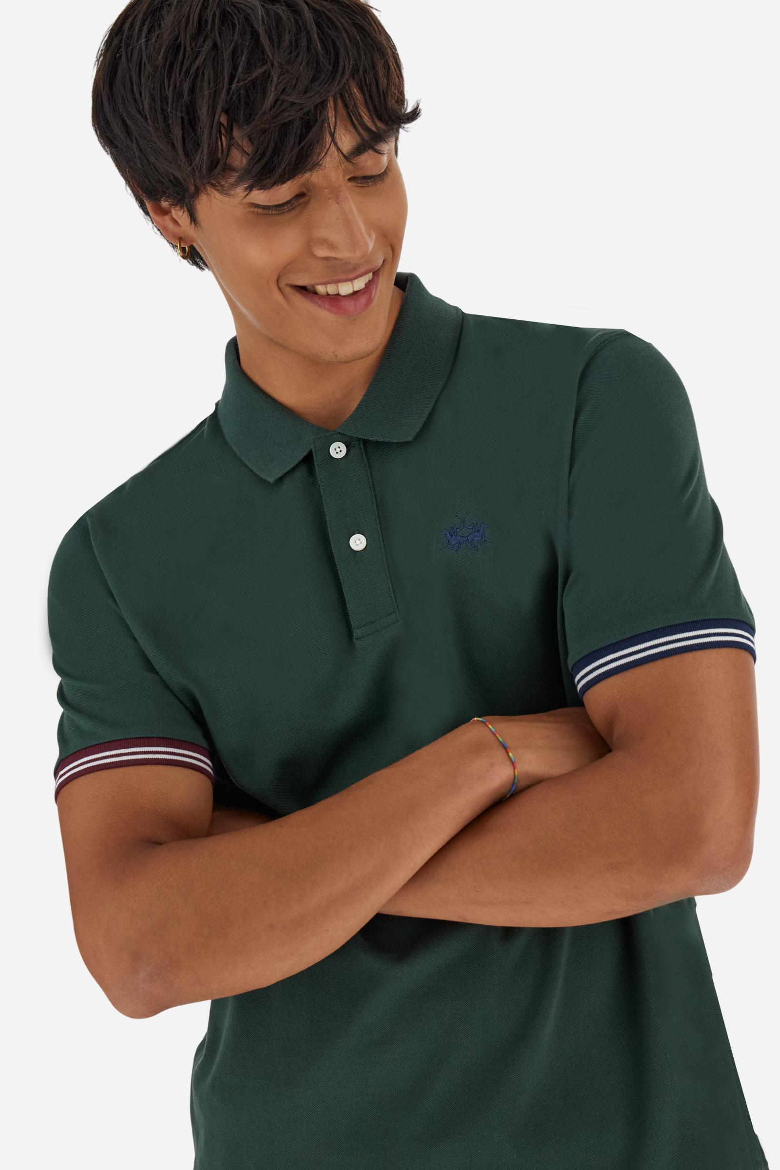Men’s short-sleeve polo in high-quality stretch cotton piqué, ensuring excellent breathability and flexibility. Classic ribbed collar, two-button placket with customized buttons. Inner collar enriched with contrast tapes and colors for a modern touch. Multicolored ribbed cuffs with different patterns. Small contrast logo embroidered on the chest. Regular fit. Model wears size L. - Sycamore