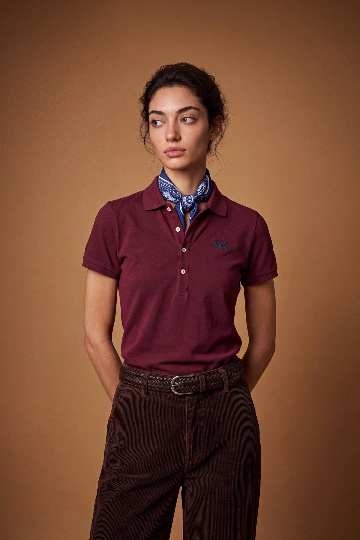 Slim-fit women's short-sleeve polo in stretch cotton blend piqué with ribbed collar and cuffs, front 4-button placket, and contrasting embroidered logo. - Port Royale