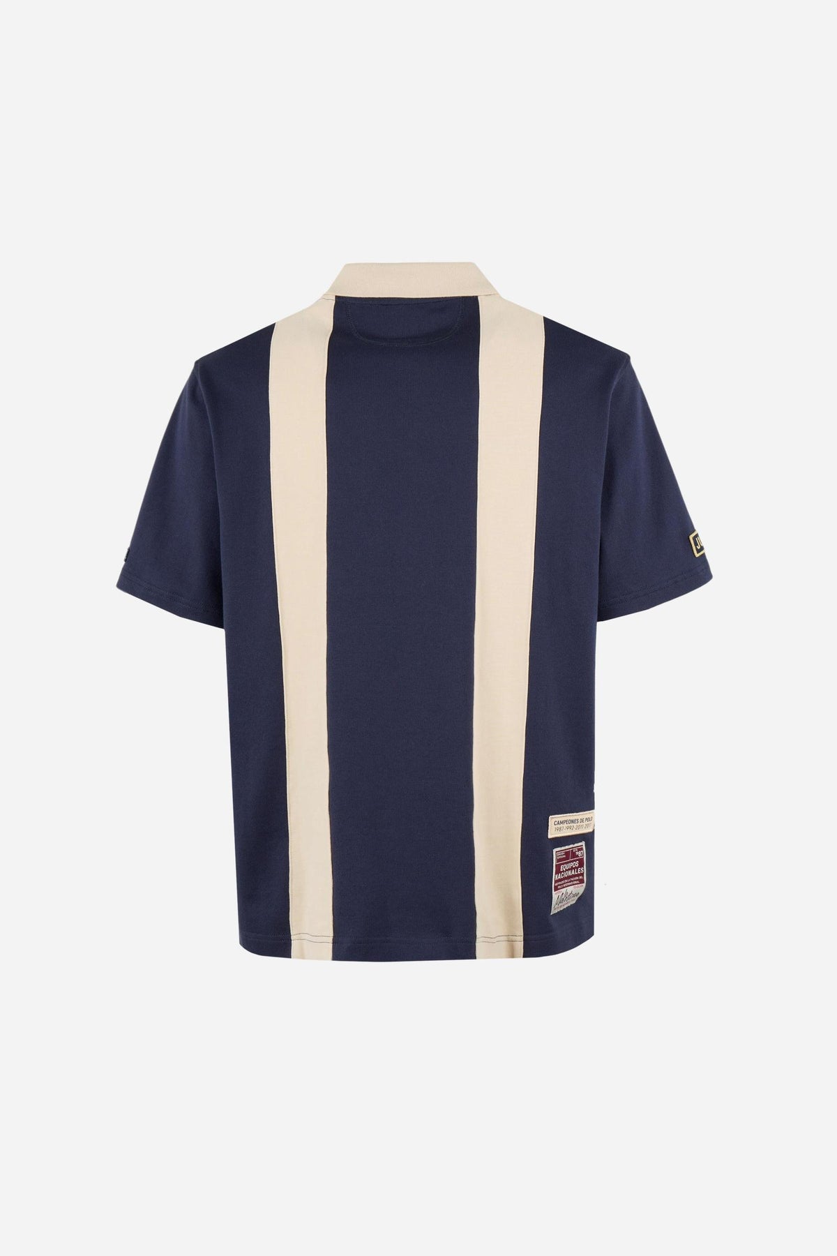 Men's short-sleeve polo in heavy 100% cotton with wide contrasting stripes, knitted collar, two-button placket, relaxed fit, and bold chest embroidery. - Navy Blazer