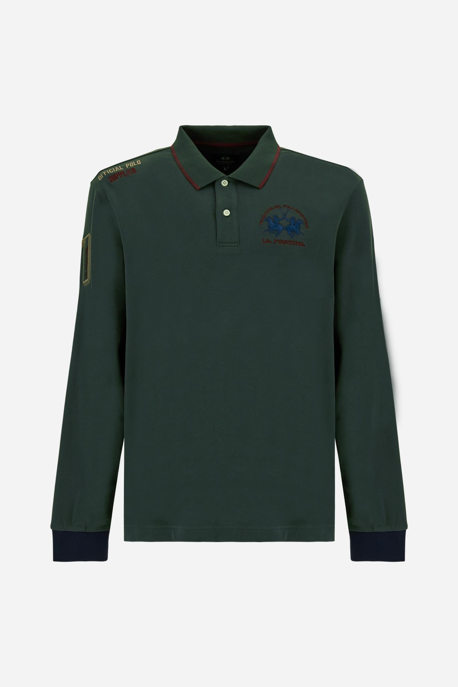 Men’s long-sleeve polo shirt in solid-colour cotton jersey with a warm, matte handfeel. Ribbed collar and cuffs with stripes and colour blocks in contrast, two personalised buttons and contrast details inside the collar. Patches and graphics on sleeves and chest celebrate the Official Polo Supplier team. The large multicolour logo is embroidered on the chest. Regular fit. The model wears size L. - Sycamore