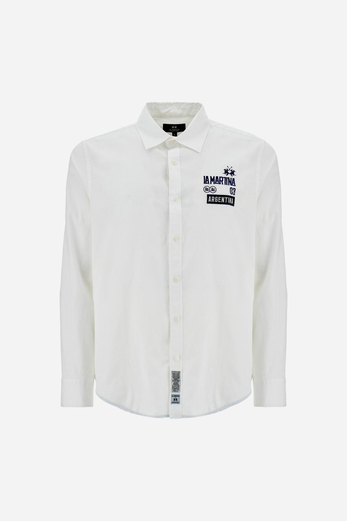 Men’s long-sleeve cotton and linen shirt. Regular fit with strong graphic identity, featuring prints and embroidery inspired by the Polo Team Argentina. - Optic White