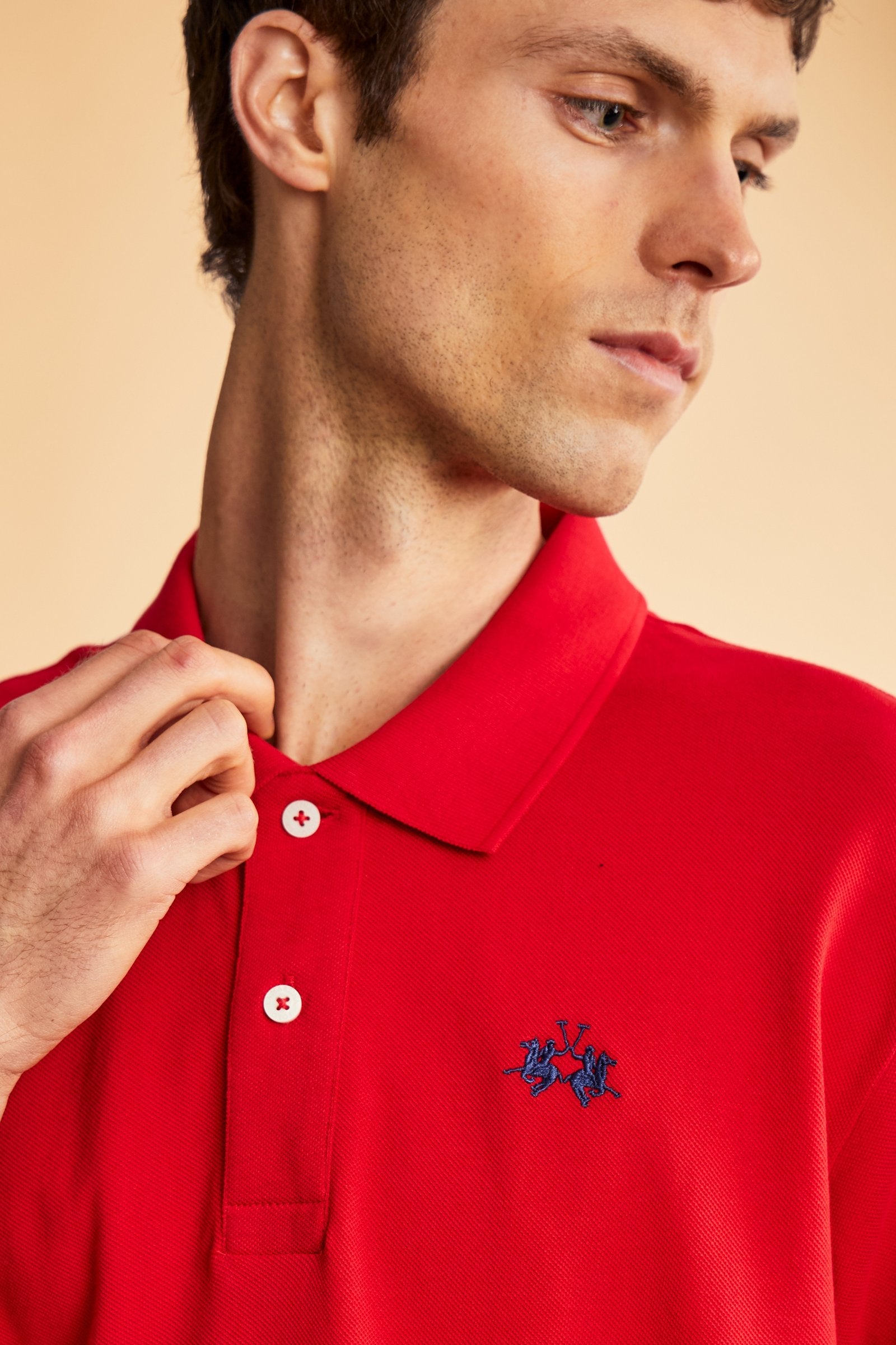 Men’s short sleeve cotton piqué polo shirt with regular fit, two-button placket and contrast brand logo. - Formula One