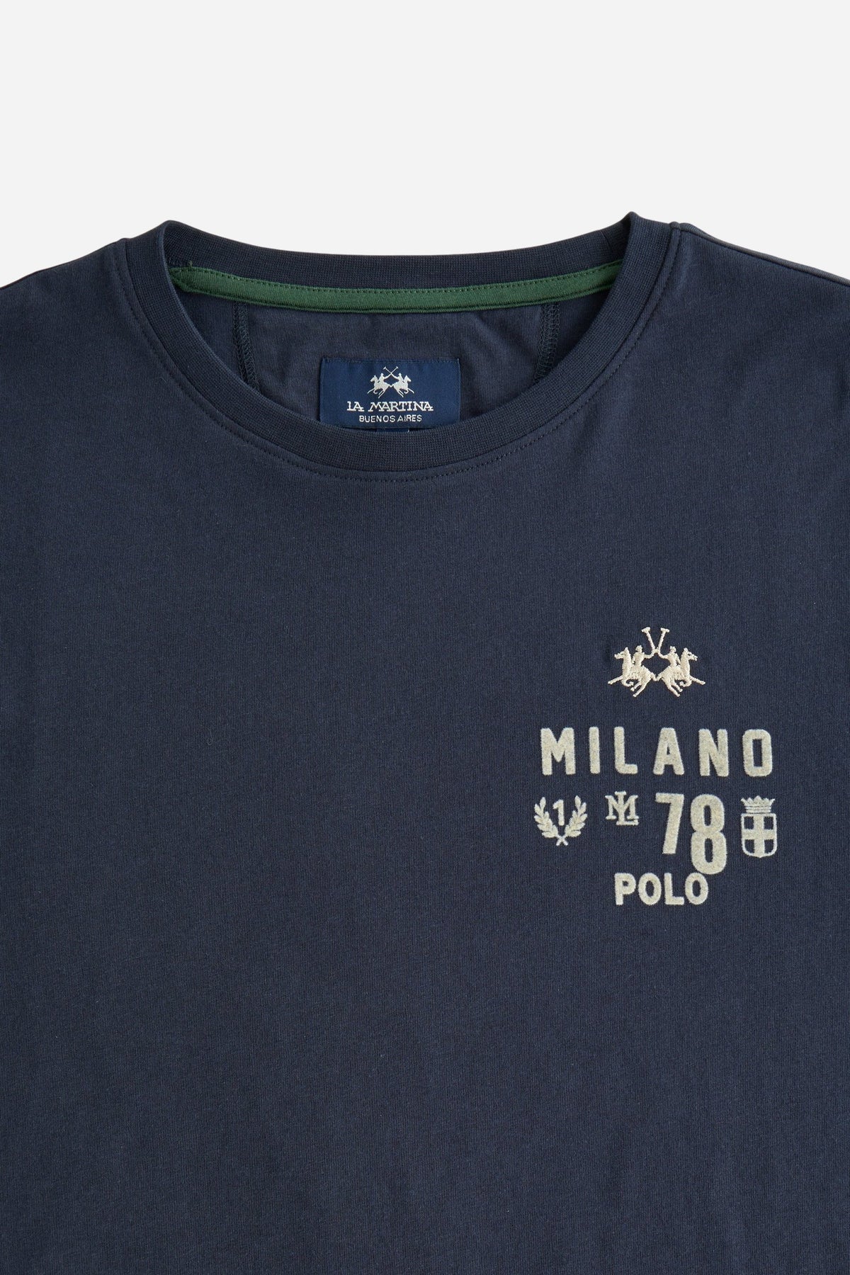 Men's short-sleeve T-shirt in 100% cotton with a ribbed crew neck, contrasting printed and embroidered chest design, and a comfortable, classic regular fit. - Navy Blazer