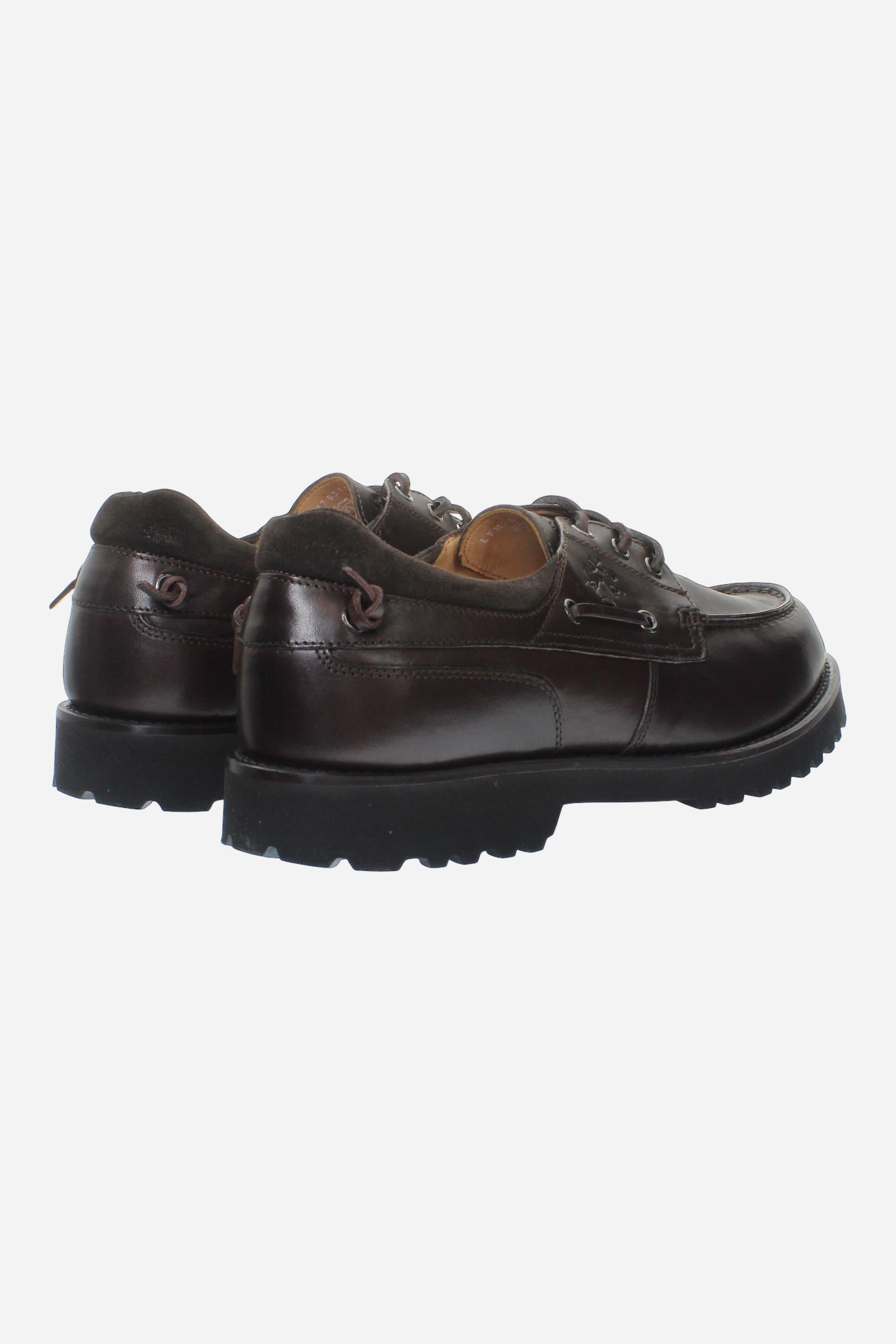 Men's leather boat shoe with handcrafted moccasin stitching, padded nappa collar, leather laces, and Vibram® sole for lightweight comfort, cushioning, and grip. - Dark Brown