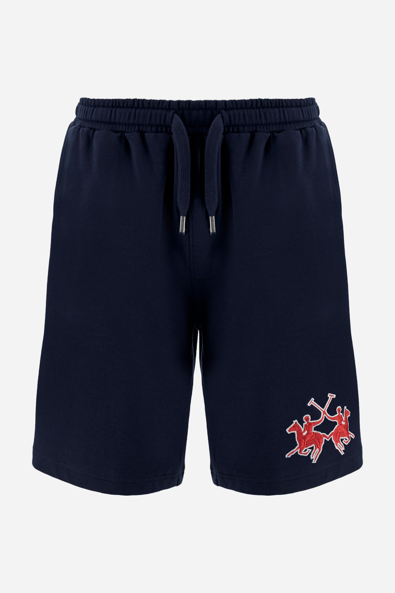 Men's bermuda shorts in soft 100% cotton fleece with a relaxed cut, elastic waistband, adjustable drawstring, and 3D embroidered maxi logo for comfort and style - Navy