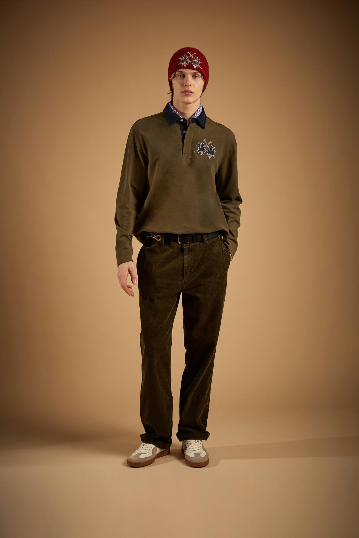 Men's long sleeve cotton jersey polo with maxi logo - Devin