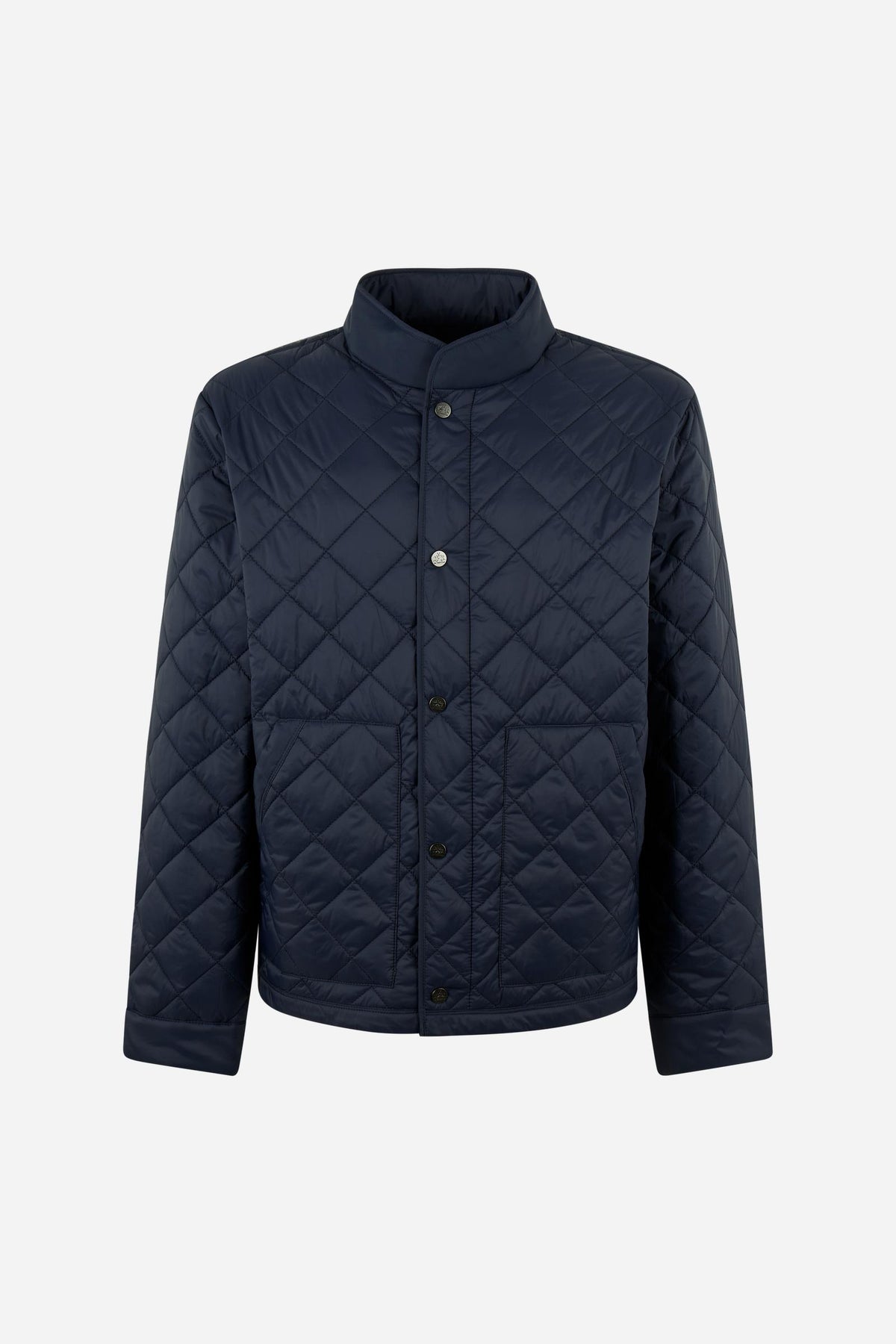 Men's quilted nylon jacket with polyamide lining and polyester padding for lightweight warmth, high collar, zip and snap closure, patch pockets, and a clean, regular fit. - Navy Blazer