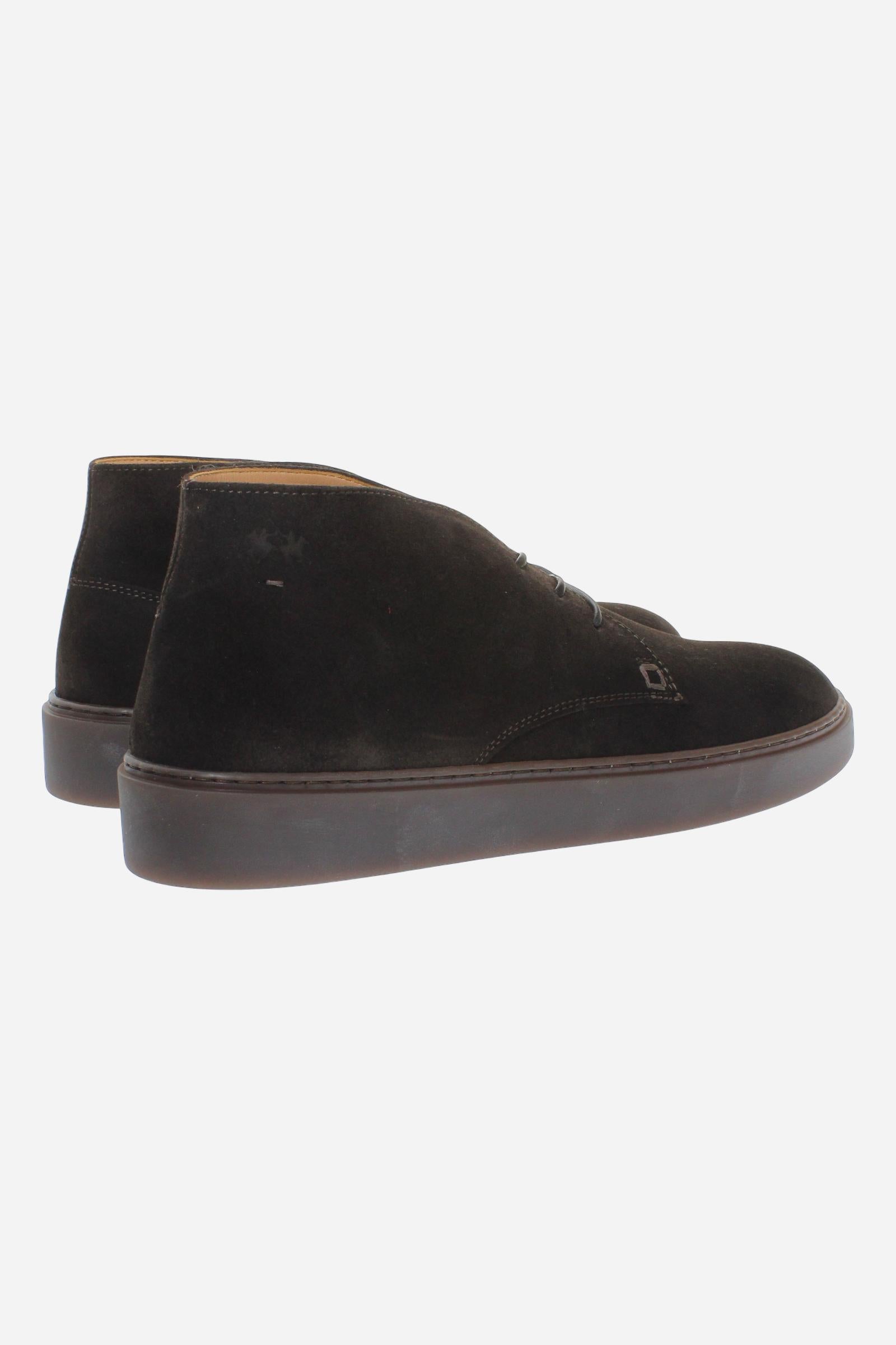 Men’s high-top suede shoes with visible stitching, embossed logo, and brown rubber sole for comfort and style. Crafted in Italy for casual and semi-formal wear. - Dark Brown