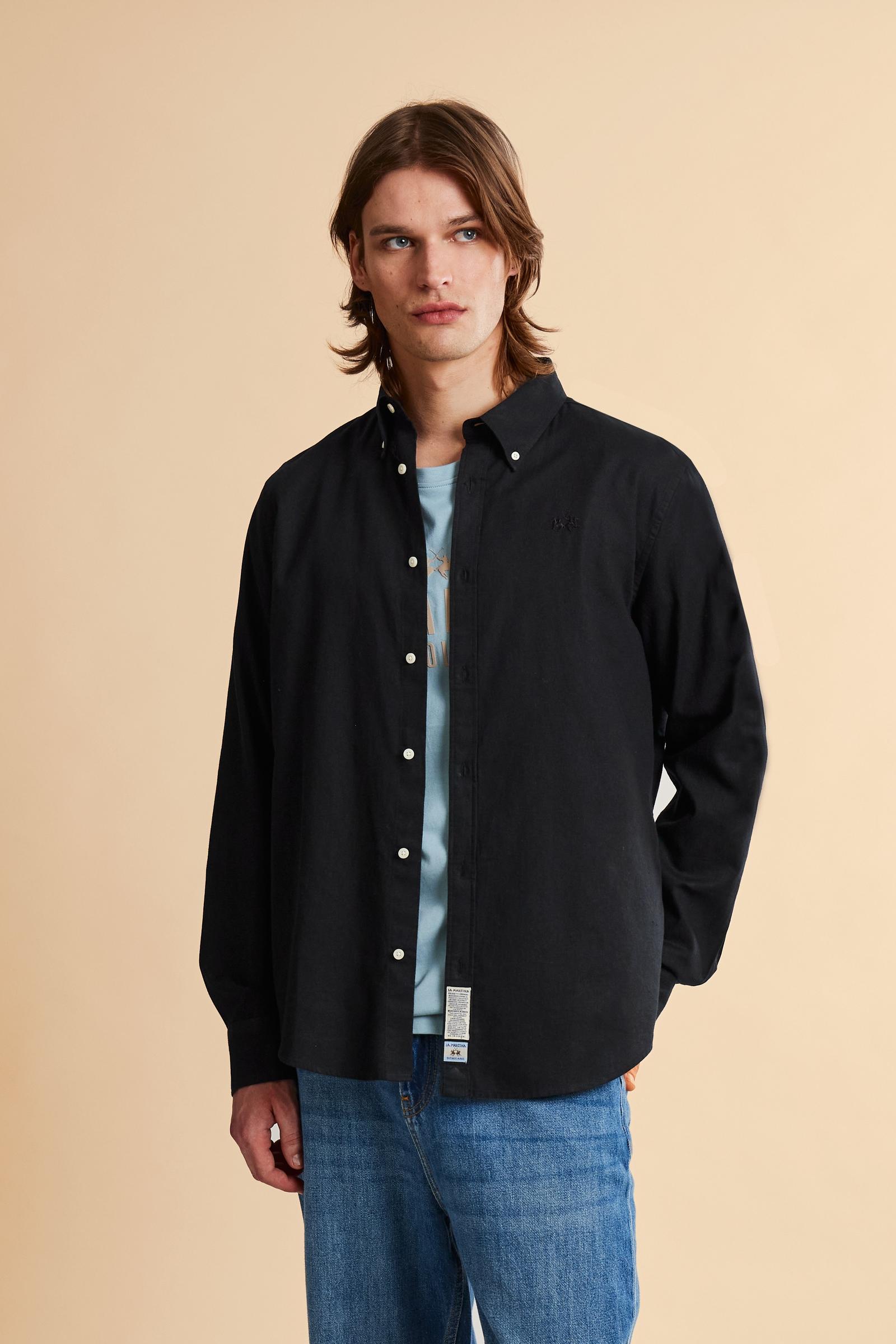 Men’s cotton and linen shirt with regular fit and French collar. Tone-on-tone embroidered logo and visible button placket. - Black                                                                                                                                                                                                                                                                                                                                                                                              