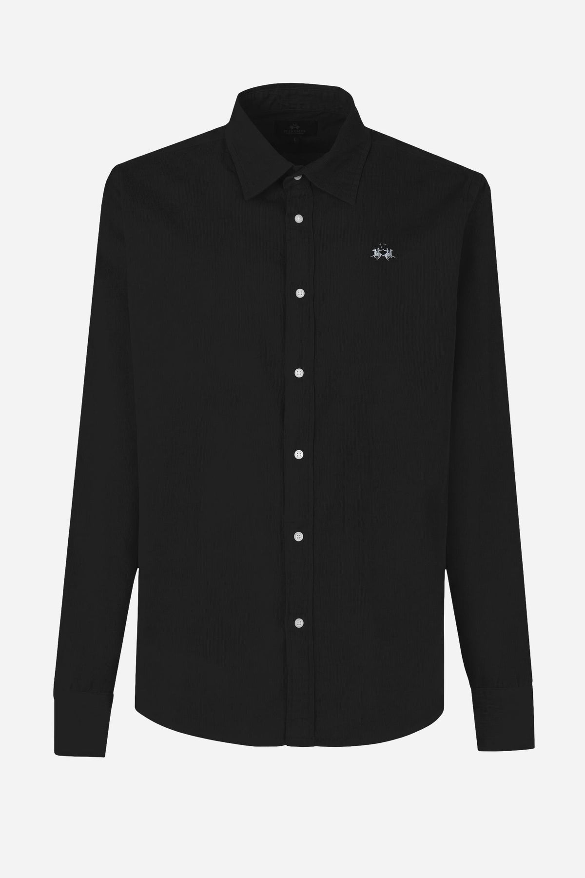 Men’s long-sleeve shirt in soft 100% cotton velvet with regular fit, front button closure, embroidered logo, and a comfortable regular collar for all-day wear. - Black