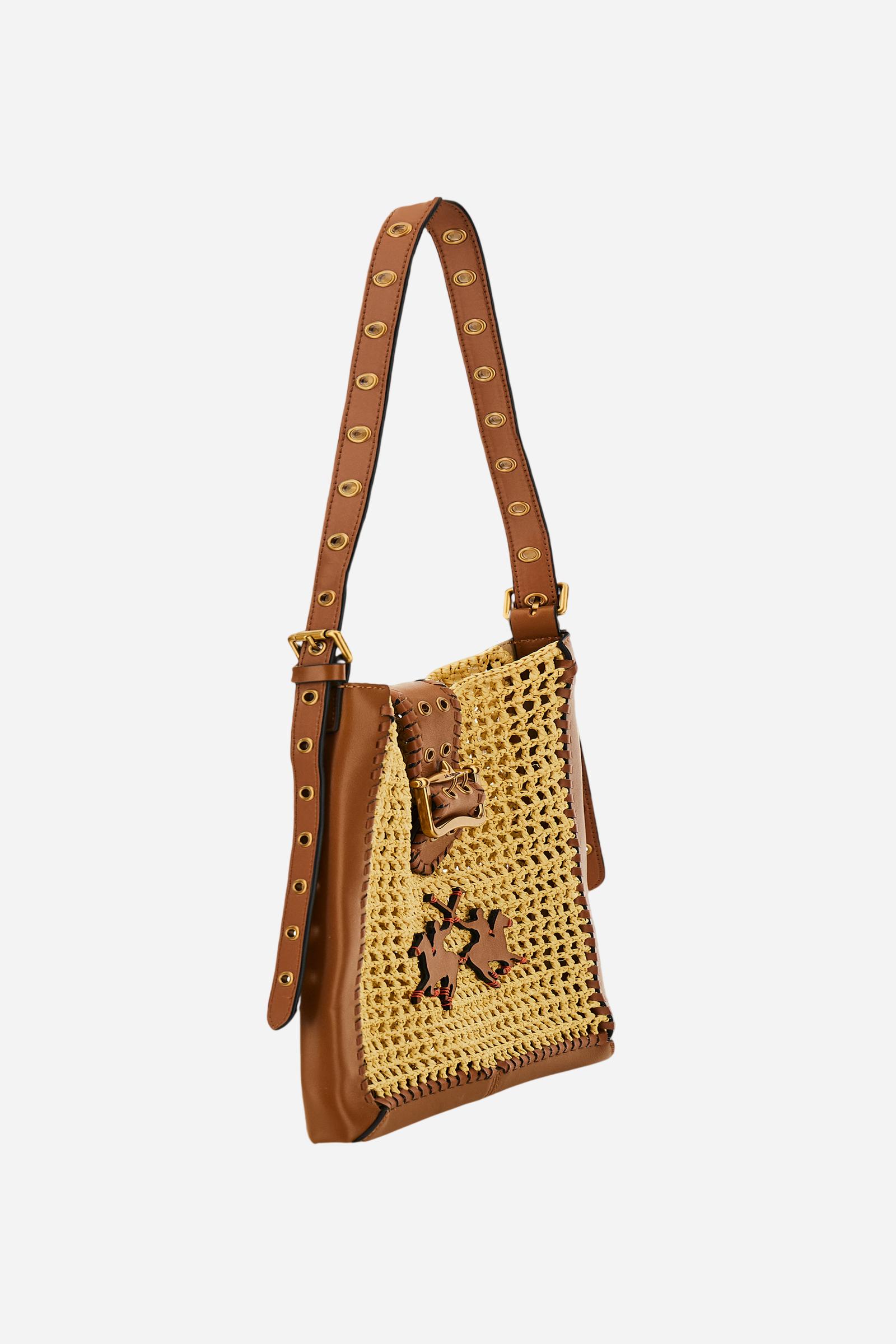 Women's leather and raffia crossbody bag with maxi logo - Fuego Crossbody