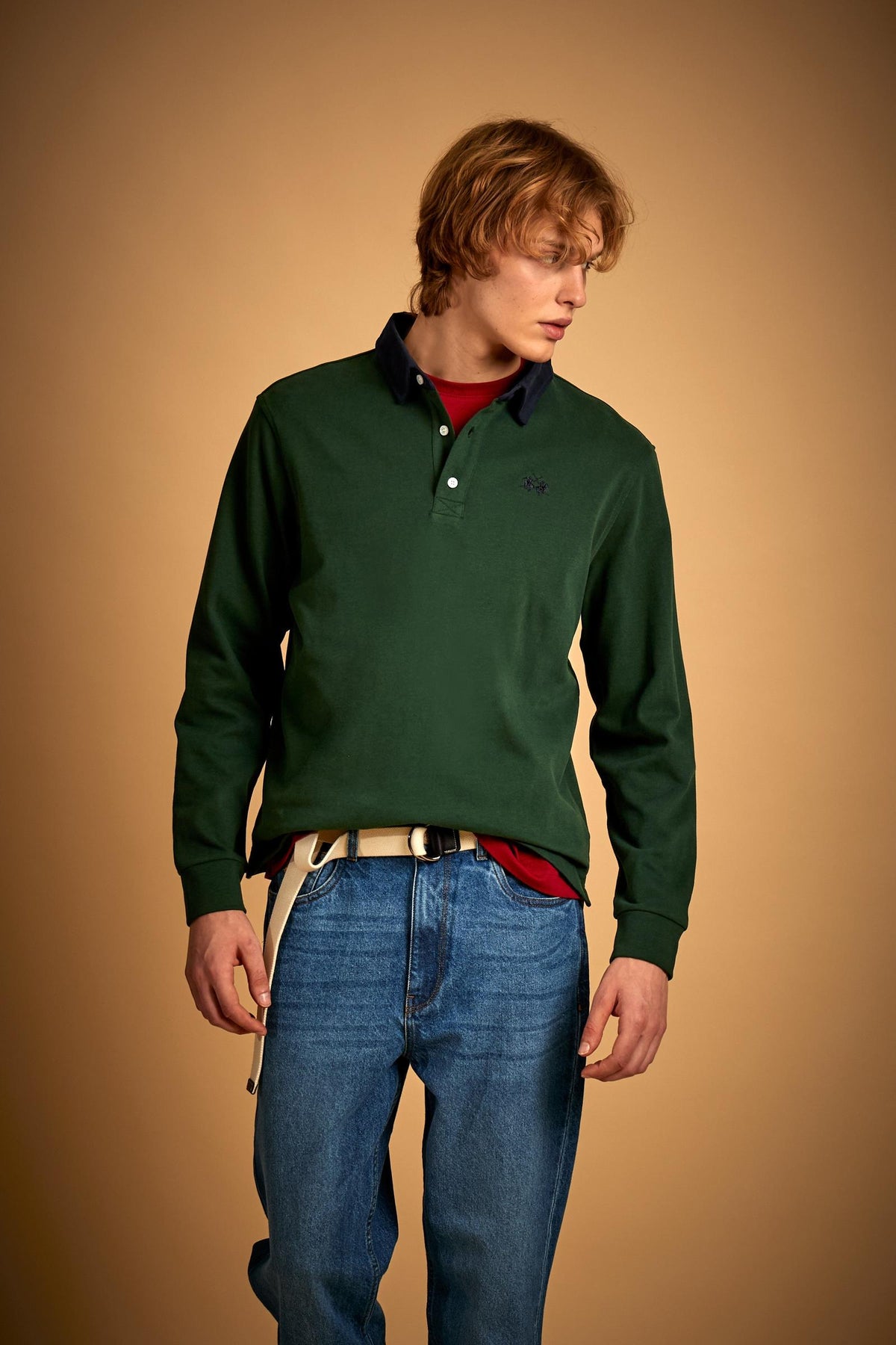 Men's long-sleeve polo shirt in heavy cotton jersey with contrast collar - Duke