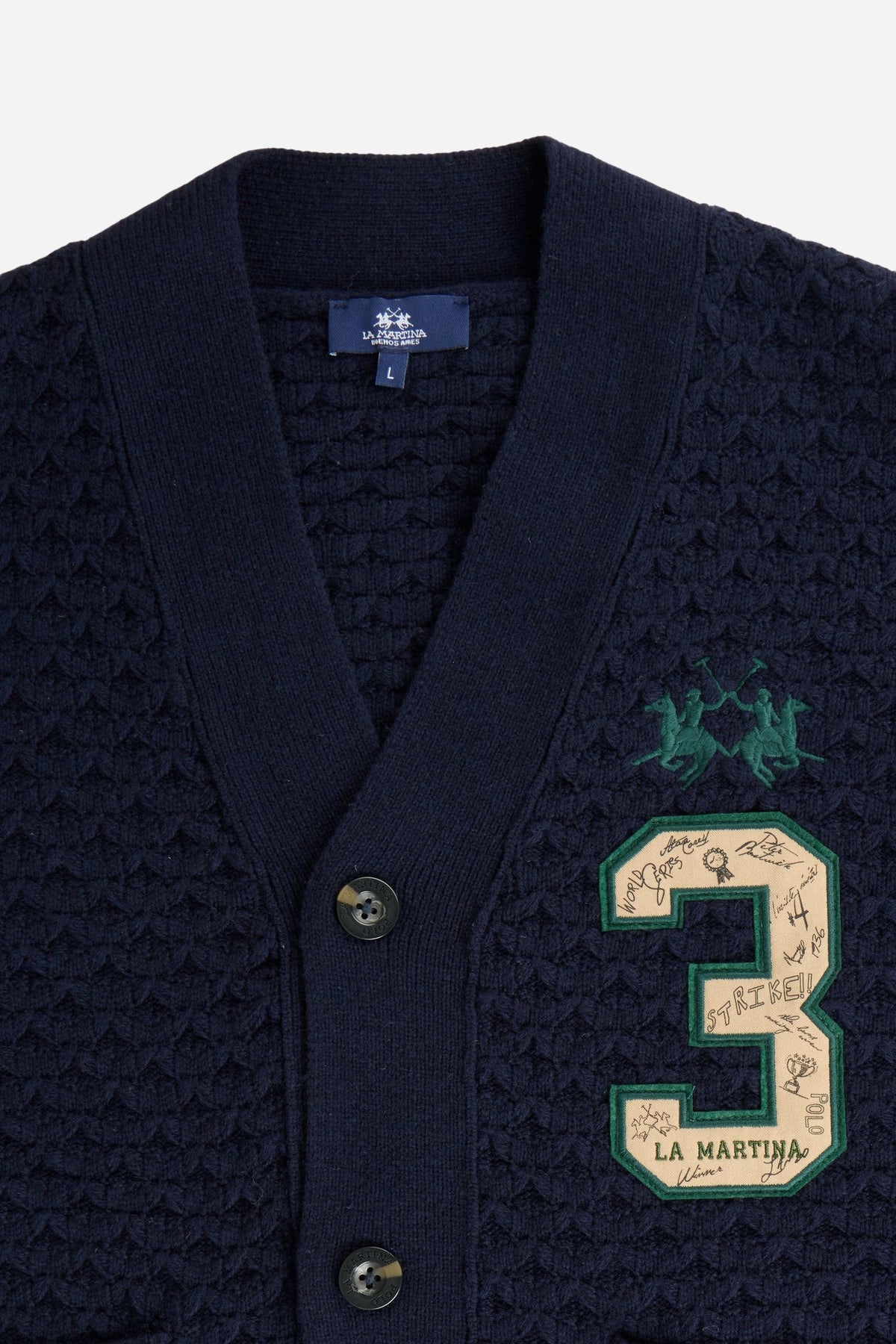Men's long-sleeve cardigan in 50% lambswool blend with 3D knit, large buttons, patch pockets, bold "3" applique, brand embroidery, and relaxed oversized fit. - Navy