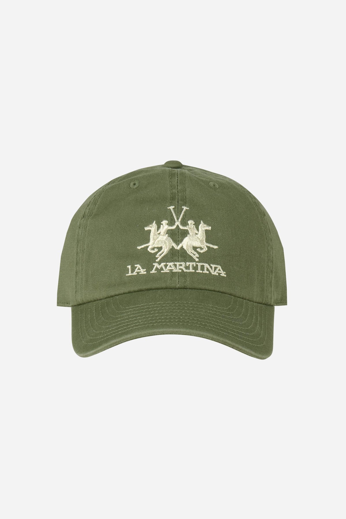 Men's cotton twill baseball cap with vintage pigment wash, oversized embroidered logo, curved visor, eyelets, and adjustable metal buckle for a custom fit. - Mulled Basil