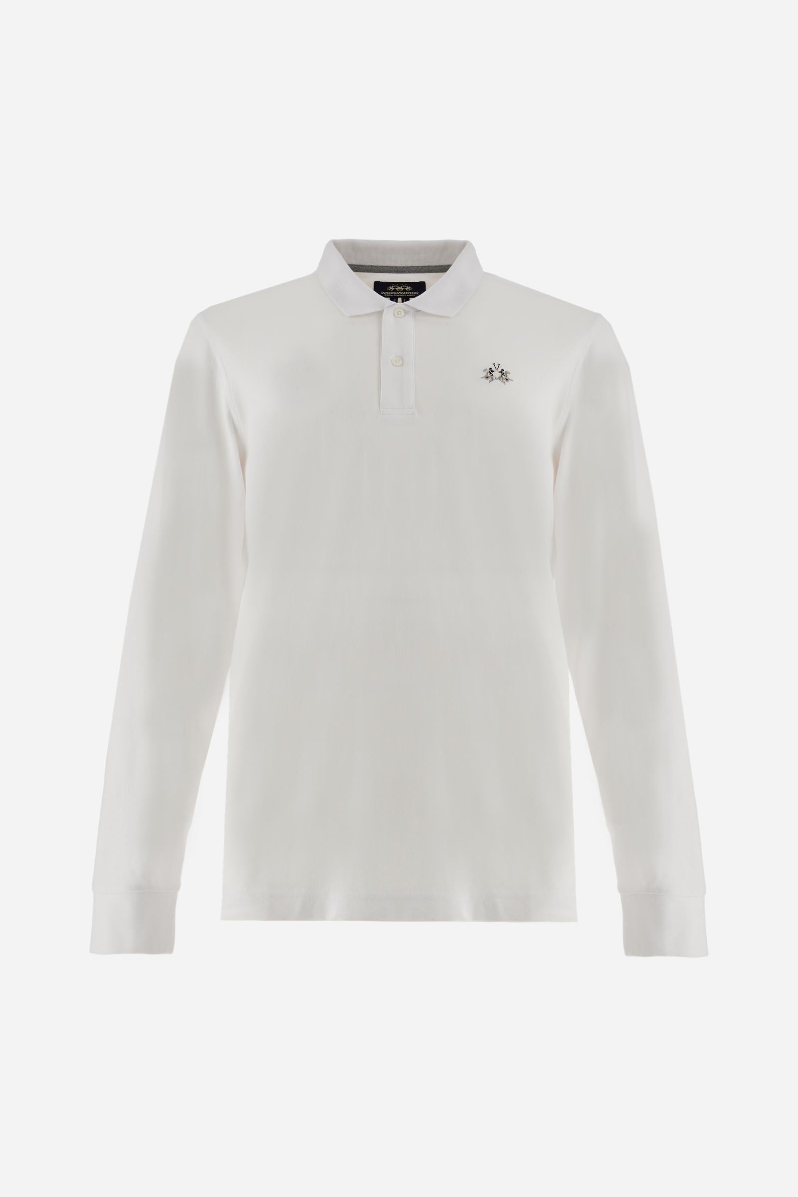 Men’s long-sleeve polo in high-quality stretch cotton piqué for comfort and flexibility. Tone-on-tone ribbed collar with contrast gabardine undercollar embroidered with the brand’s iconic lettering, revealed when the collar is lifted. Contrast embroidered logo on the chest. Slim fit, offering a modern silhouette that enhances the body while ensuring freedom of movement. Model wears size L. - Optic White