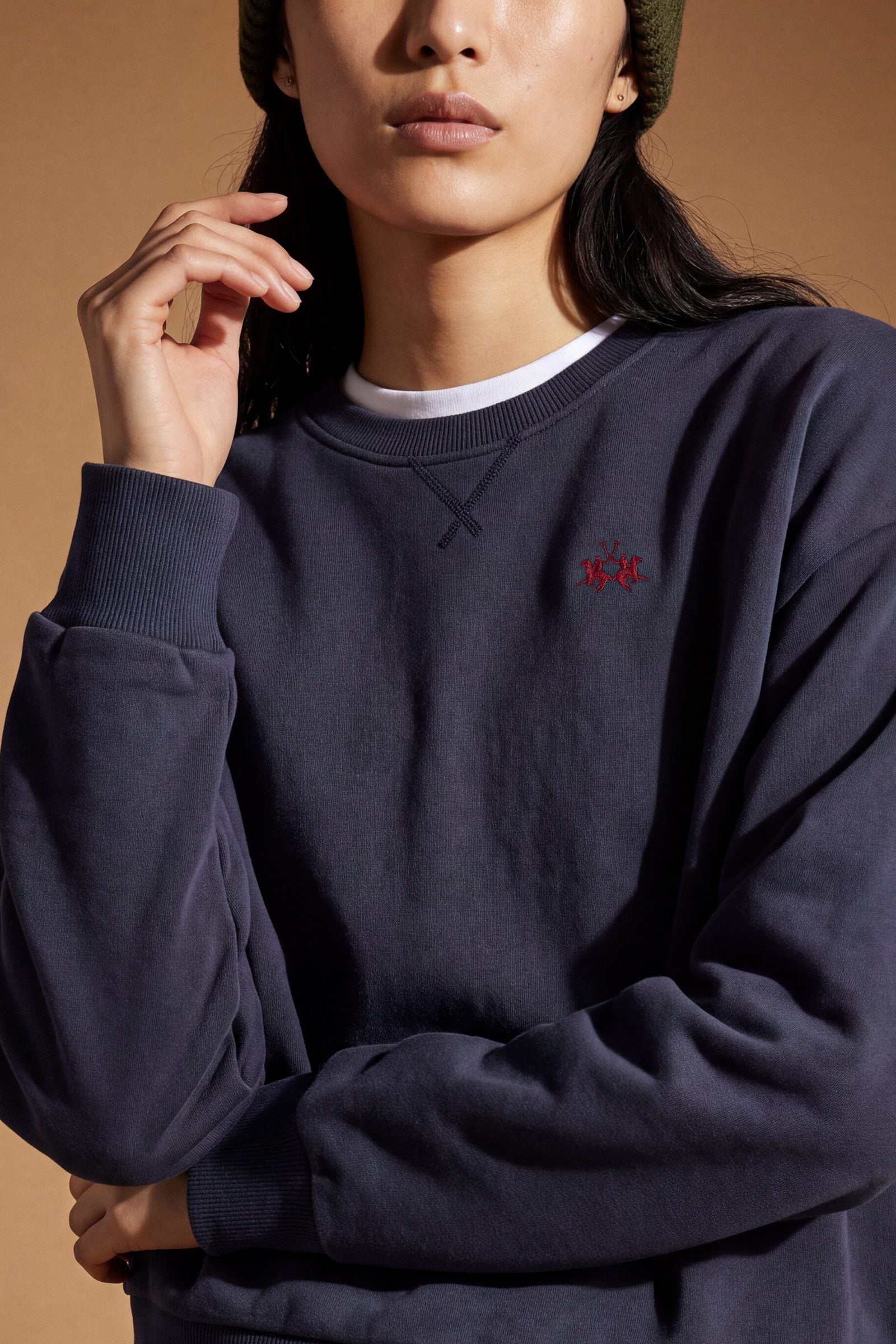 Soft brushed cotton fleece sweatshirt with ribbed crew neck, cuffs, and hem. Comfortable regular fit with contrasting sweatband and subtle embroidered logo. - Navy Blazer