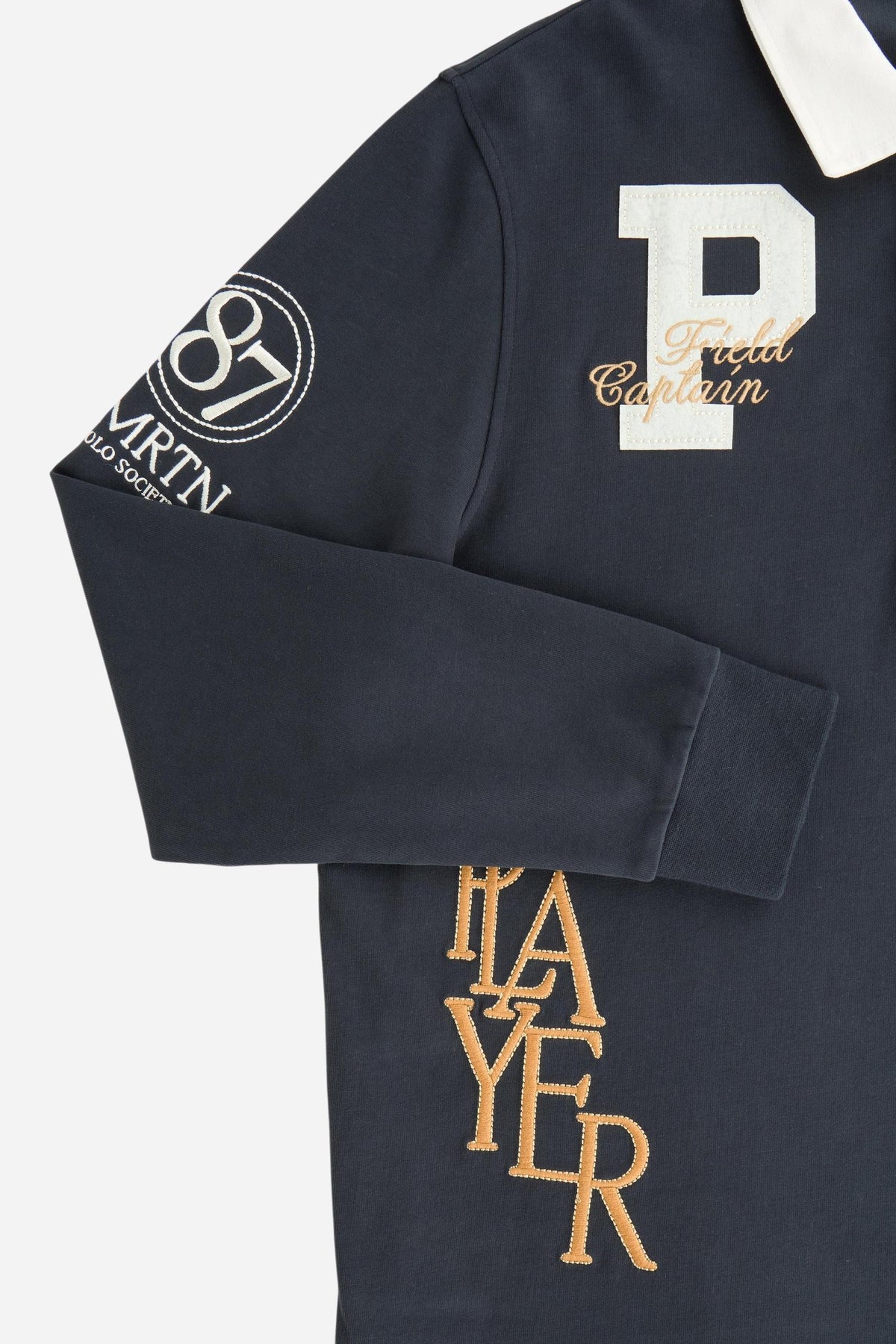 Men's long-sleeve polo in heavy 100% cotton jersey with contrasting collar, ribbed cuffs, embroidered details, and a relaxed contemporary fit for modern comfort. - Navy Blazer