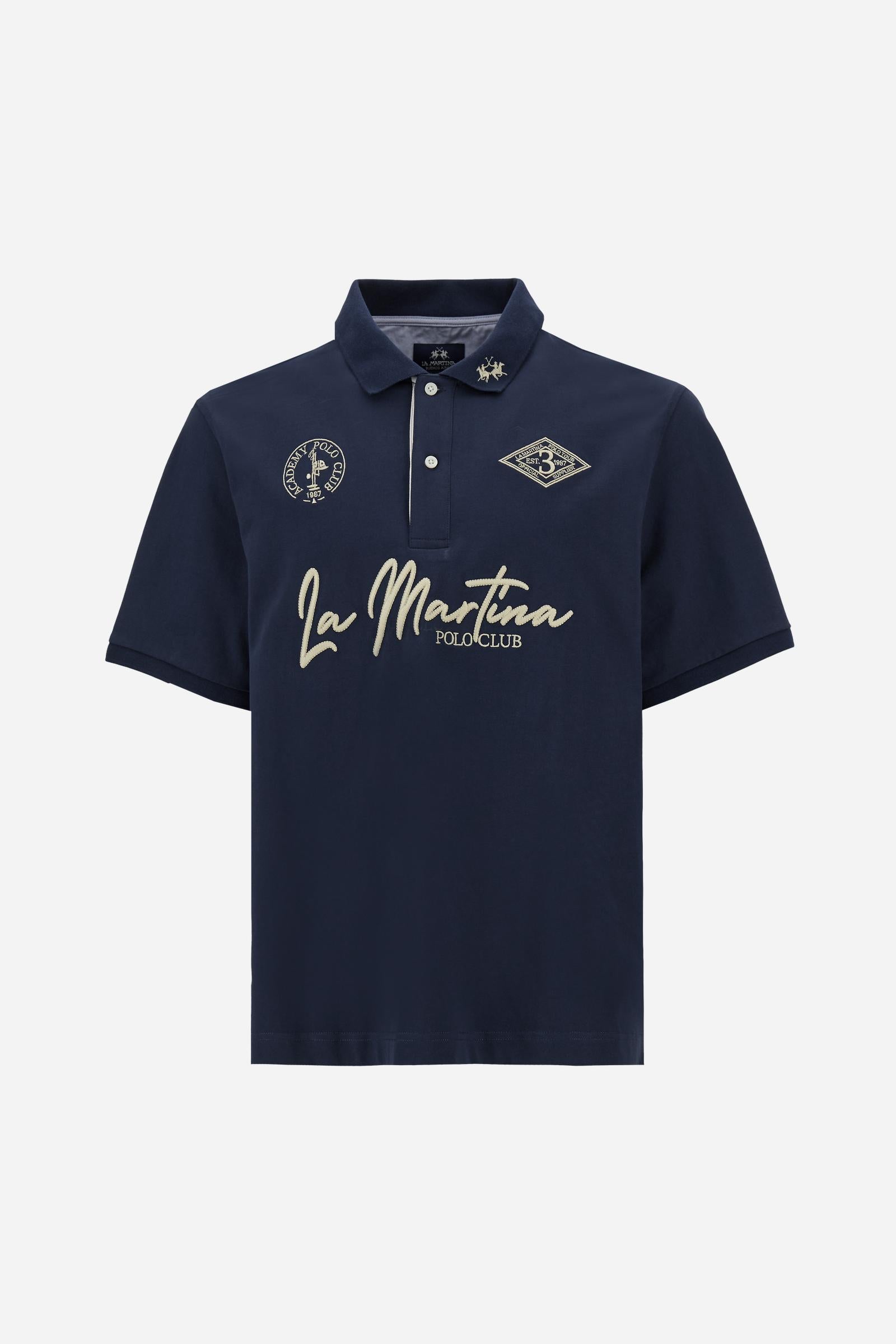 Short-sleeve polo in heavy cotton jersey with contrast details under the collar and placket. “La Martina Polo Club” embroidery on the chest with “Academy Polo Club” crest and additional embroidered detail. Soft contemporary fit. - Navy                                                                                                                                                                                                                                                                                     