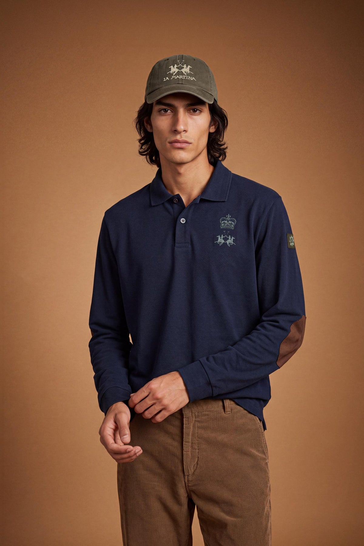 Men's long-sleeve cotton piqué polo with ribbed collar and cuffs, reinforced elbow patches, embroidered details, and a comfortable regular fit for lasting style. - Navy Blazer