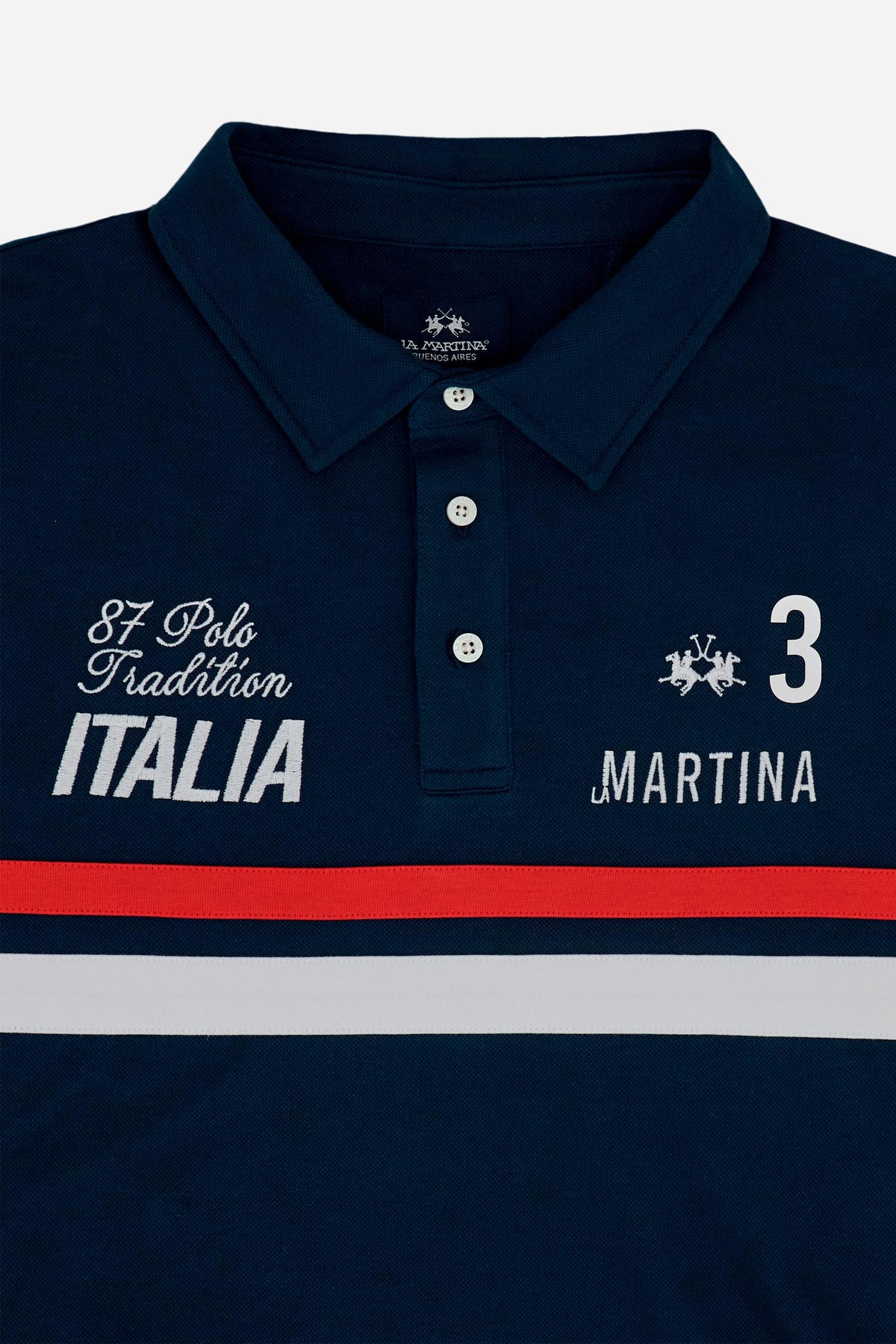 Men’s short-sleeve polo in 100% cotton with piqué collar, three-button placket, and chest graphics inspired by the Italian national team. Contemporary fit. - Navy