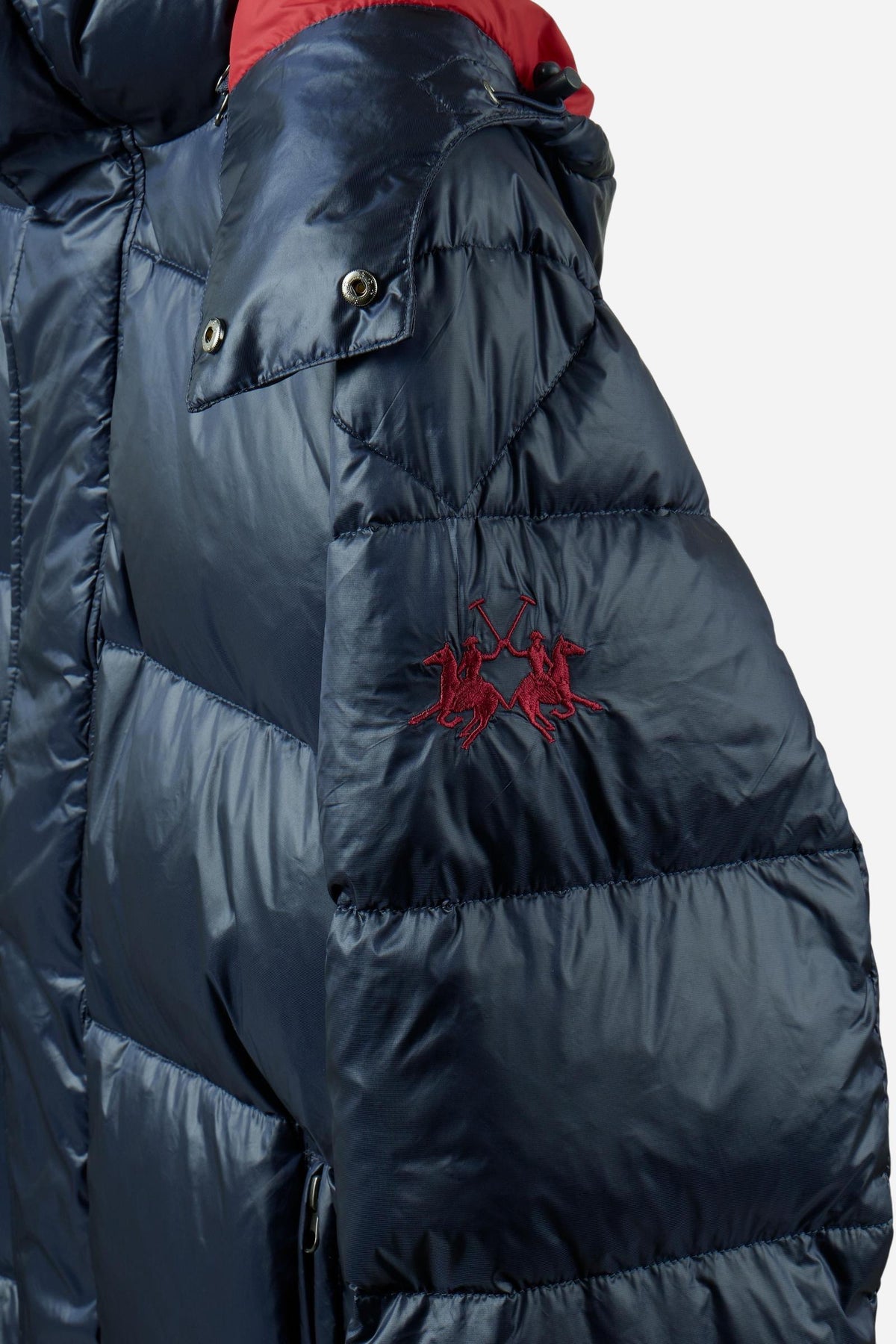 Men's padded feather bomber jacket with detachable hood, iridescent nylon, double zipper, snap buttons, adjustable drawstring, zippered pockets, and embroidered logo. - Navy Blazer