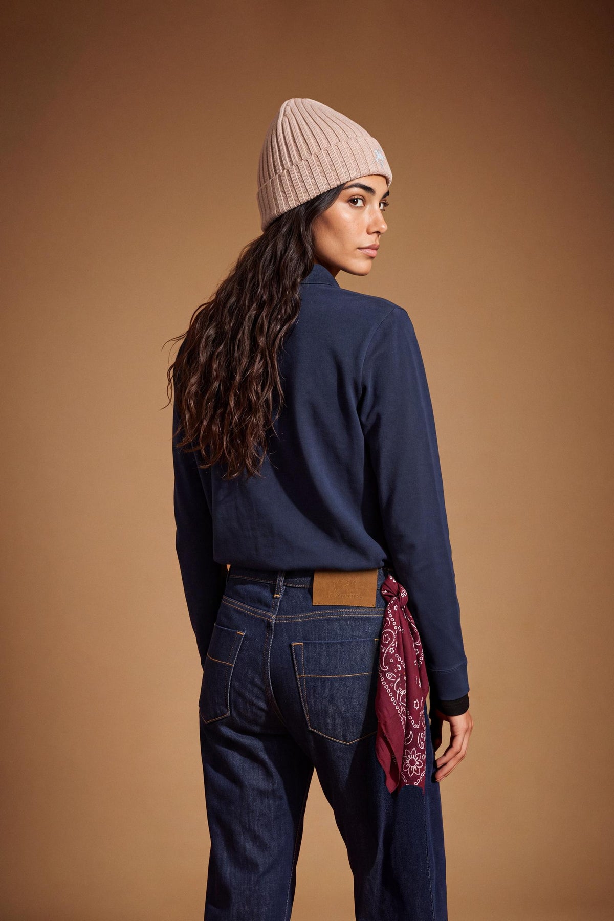 Women's long-sleeve polo shirt in 100% cotton piqué with a regular fit, ribbed collar, button front, fabric cuffs, and embroidered brand logo detail. - Navy Blazer