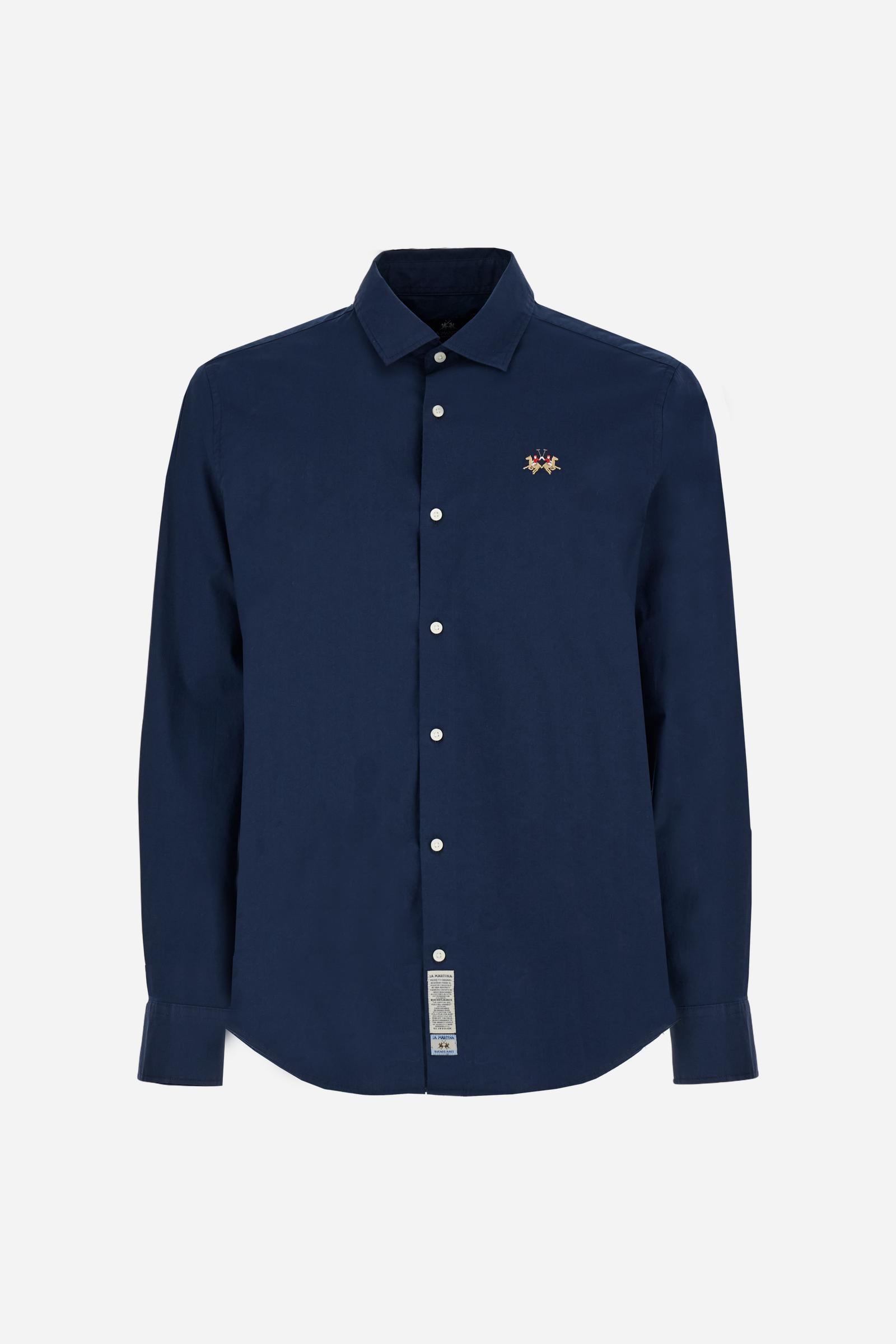 Men's long-sleeved shirt in cotton poplin. Slim fit with semi-cutaway collar. - Navy