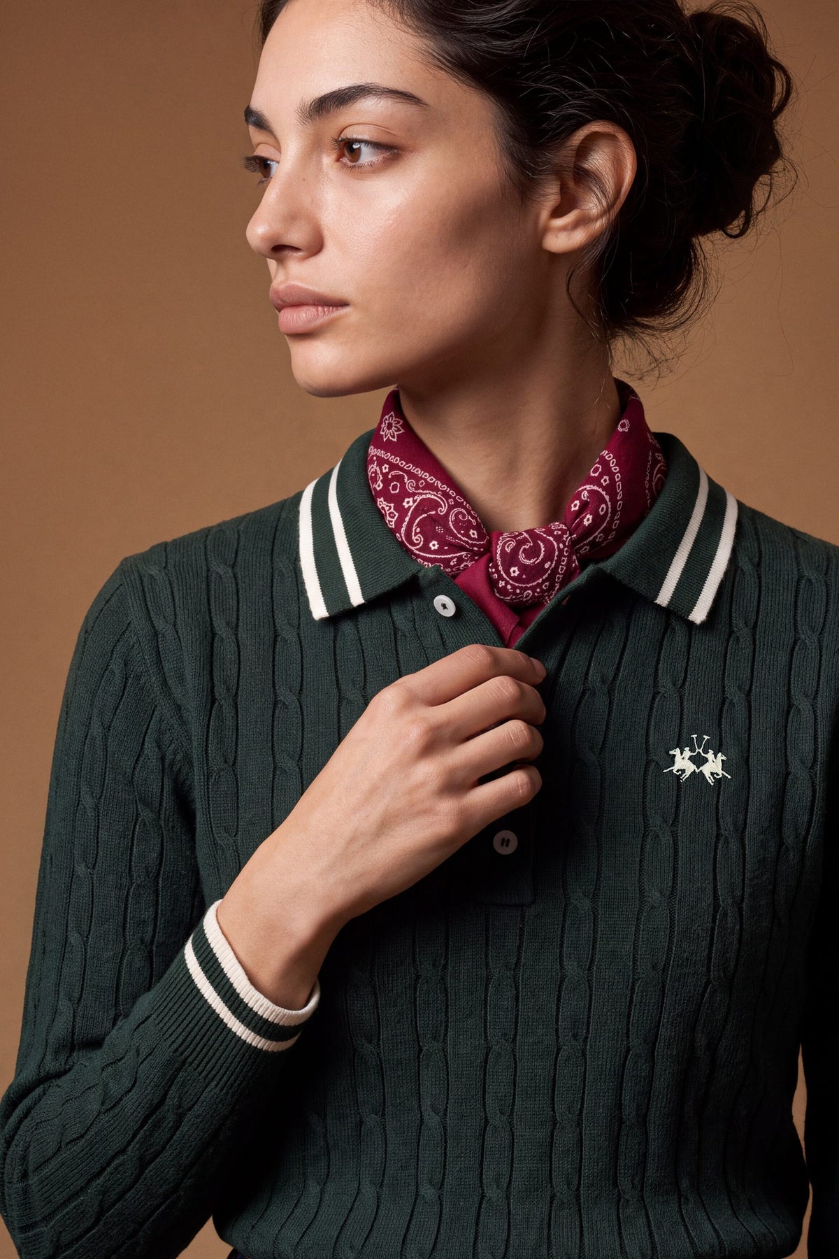 Women's long-sleeve polo in soft lambswool blend, featuring a vertical cable knit, contrast-edged collar, ribbed cuffs, and a slim, comfortable fit. - Scarab