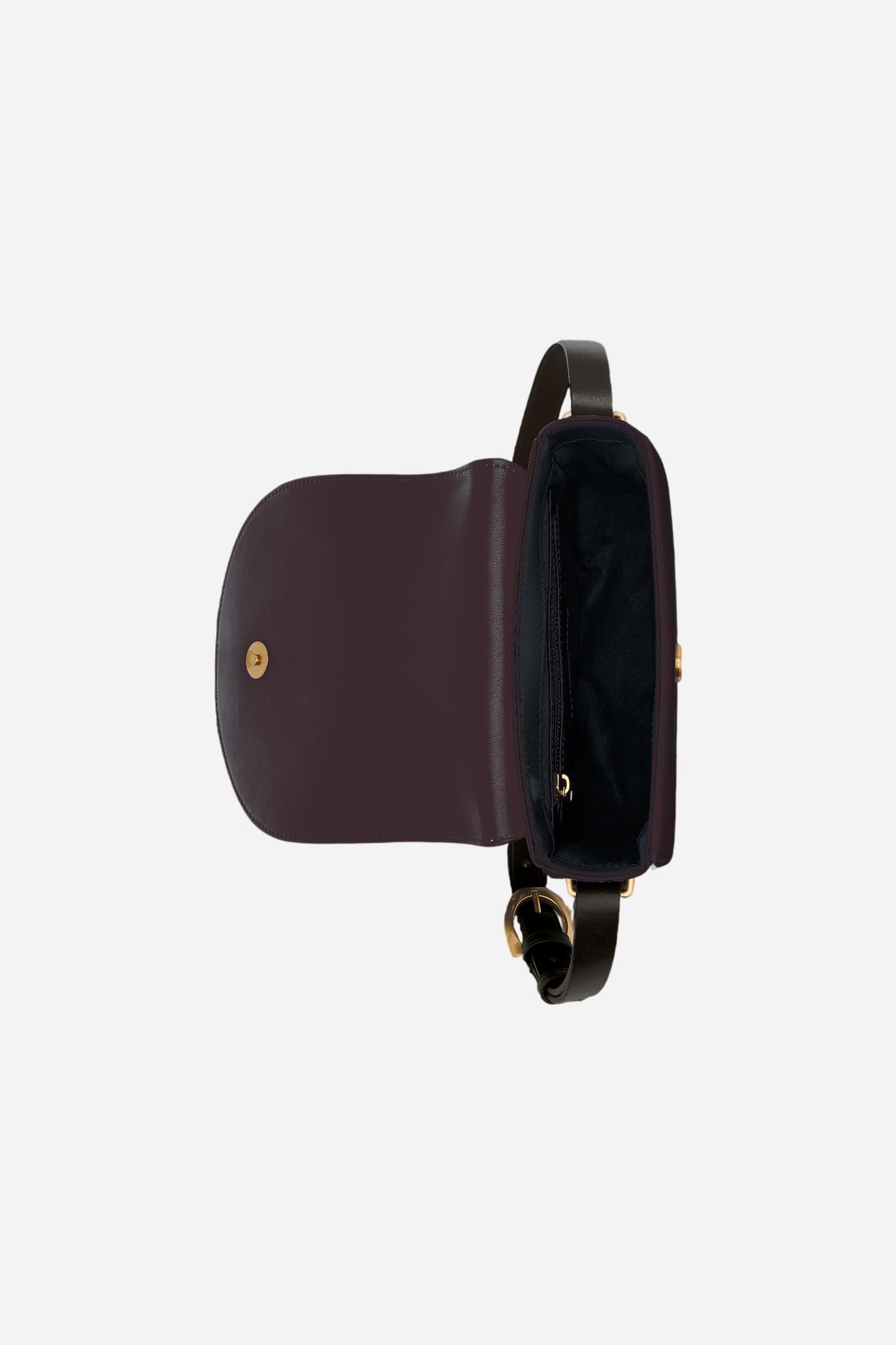 Crossbody bag in calfskin leather with curved design. Finished with flap, large golden buckle and contrasting leather details. - WINE/BLACK                                                                                                                                                                                                                                                                                                                                                                                     