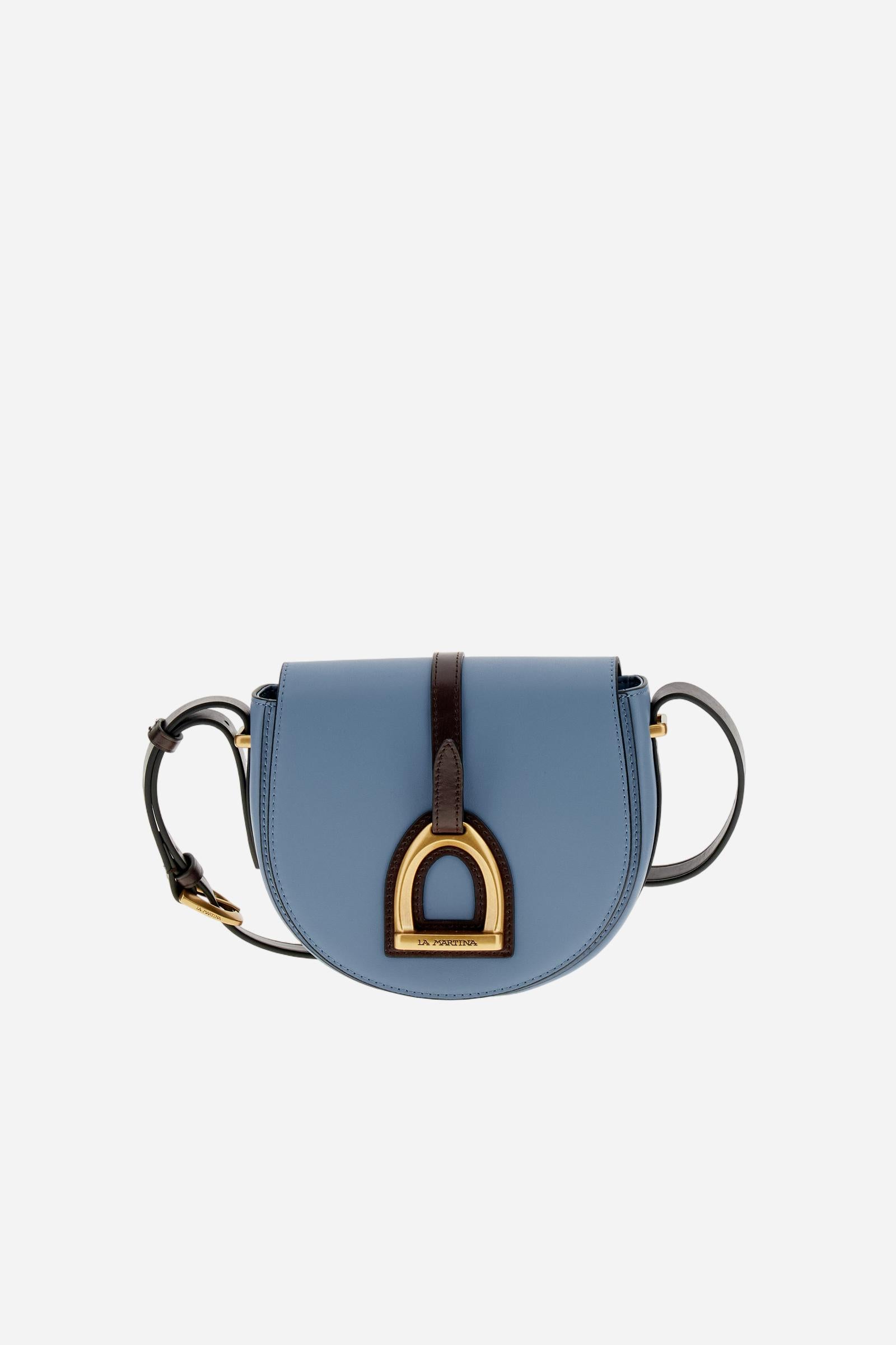 Small crossbody bag in calfskin leather and leather. Curved design with large golden buckle and contrasting details. - SKY/DARK CHOCOLATE                                                                                                                                                                                                                                                                                                                                                                                       