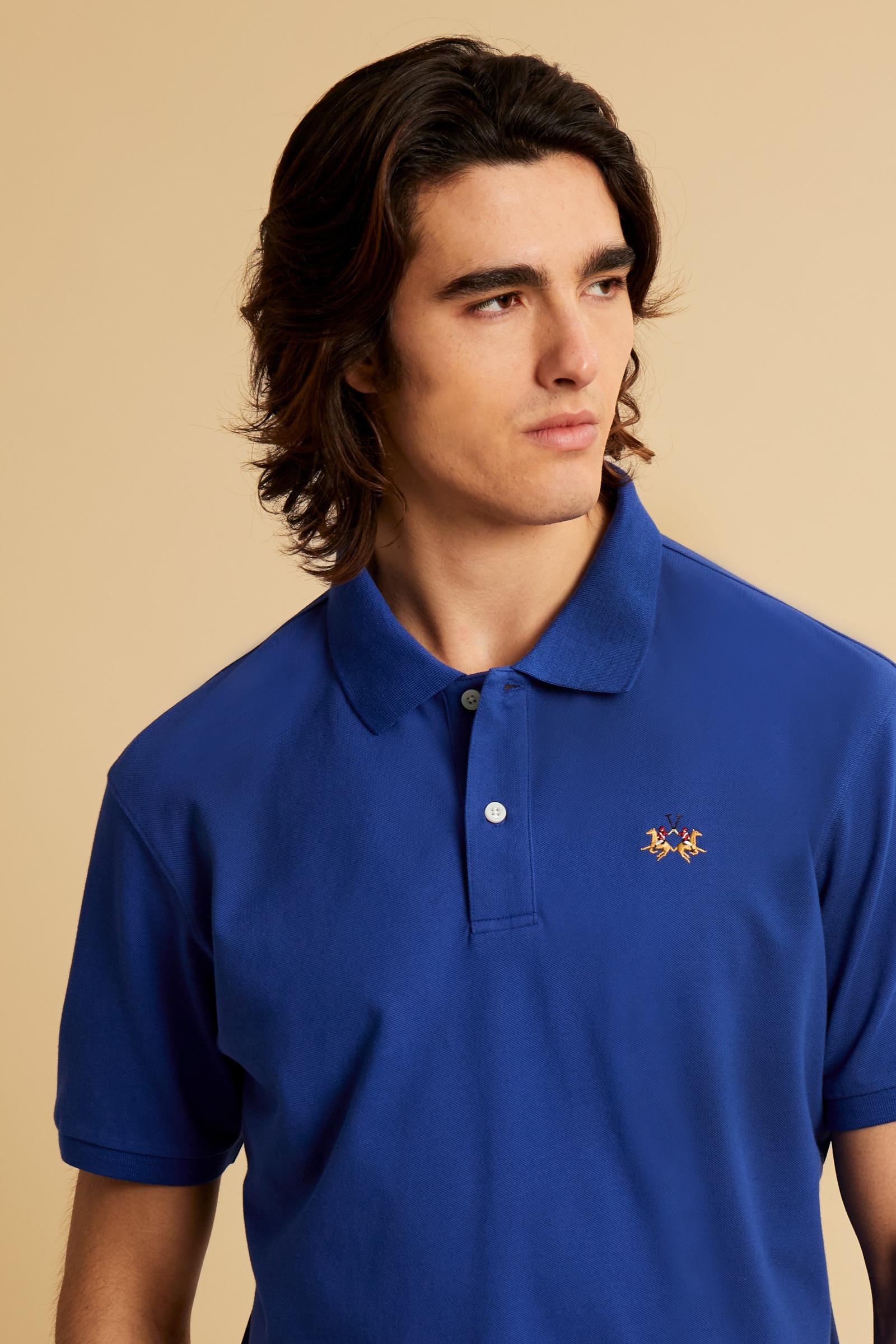 Men’s short-sleeve stretch piqué polo with regular fit. Contrast gabardine under-collar and iconic tricolor logo. - Mazarine Blue                                                                                                                                                                                                                                                                                                                                                                                               