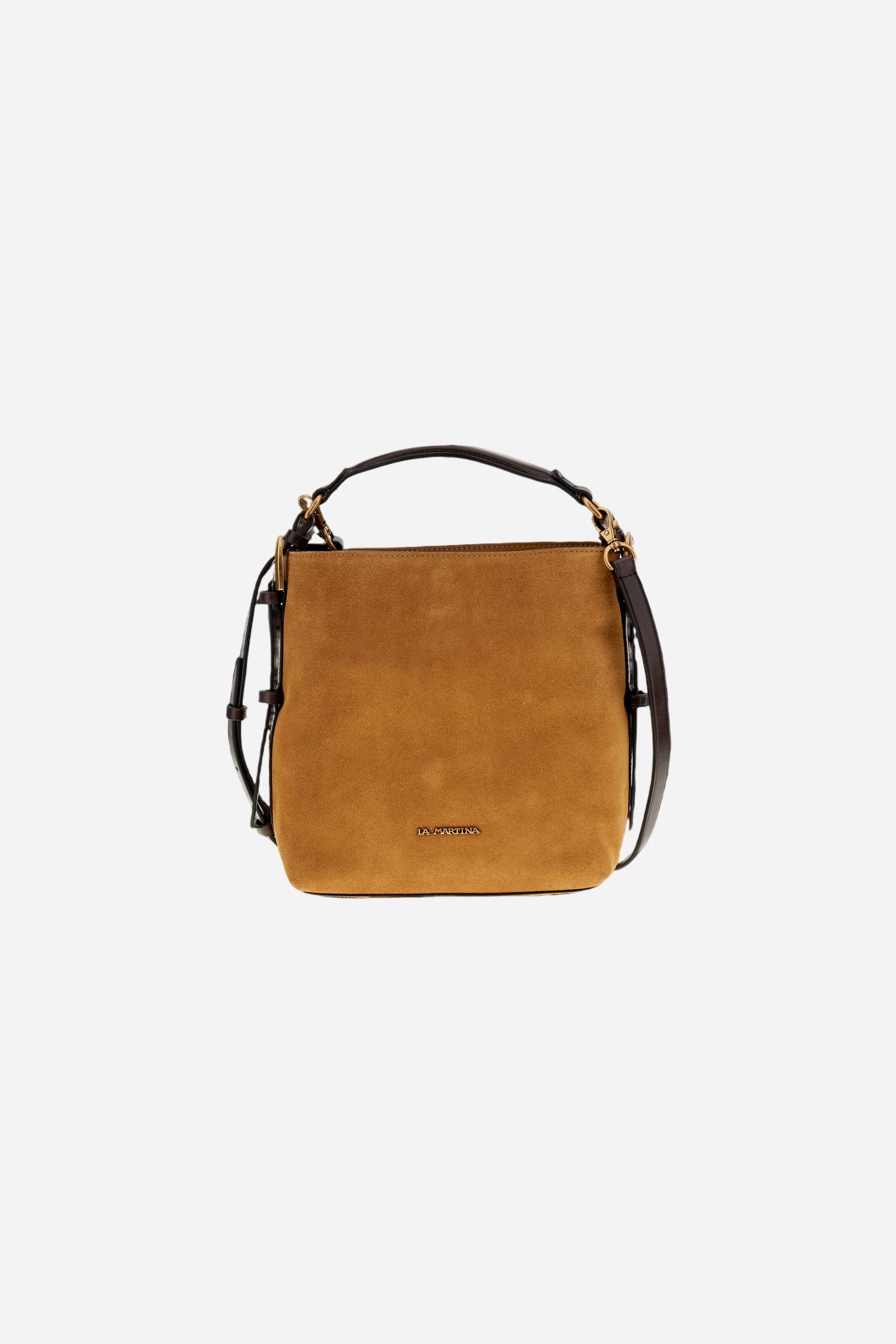 Compact rectangular suede tote bag with structured handle and leather strap. Finished with gold-tone metal accents. - HONEY/DARK CHOCOLATE