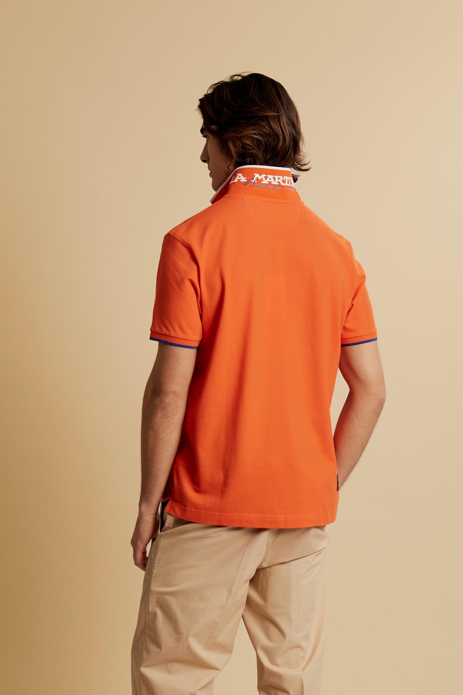 Men’s short-sleeve stretch piqué polo. Two-button placket with ribbed collar and cuffs in solid colour. Numeric patch applied on the sleeve and contrast monogram print under the collar. Small logo embroidered in contrast on the chest. Regular fit. The model wears size L. - Flame                                                                                                                                                                                                                                         